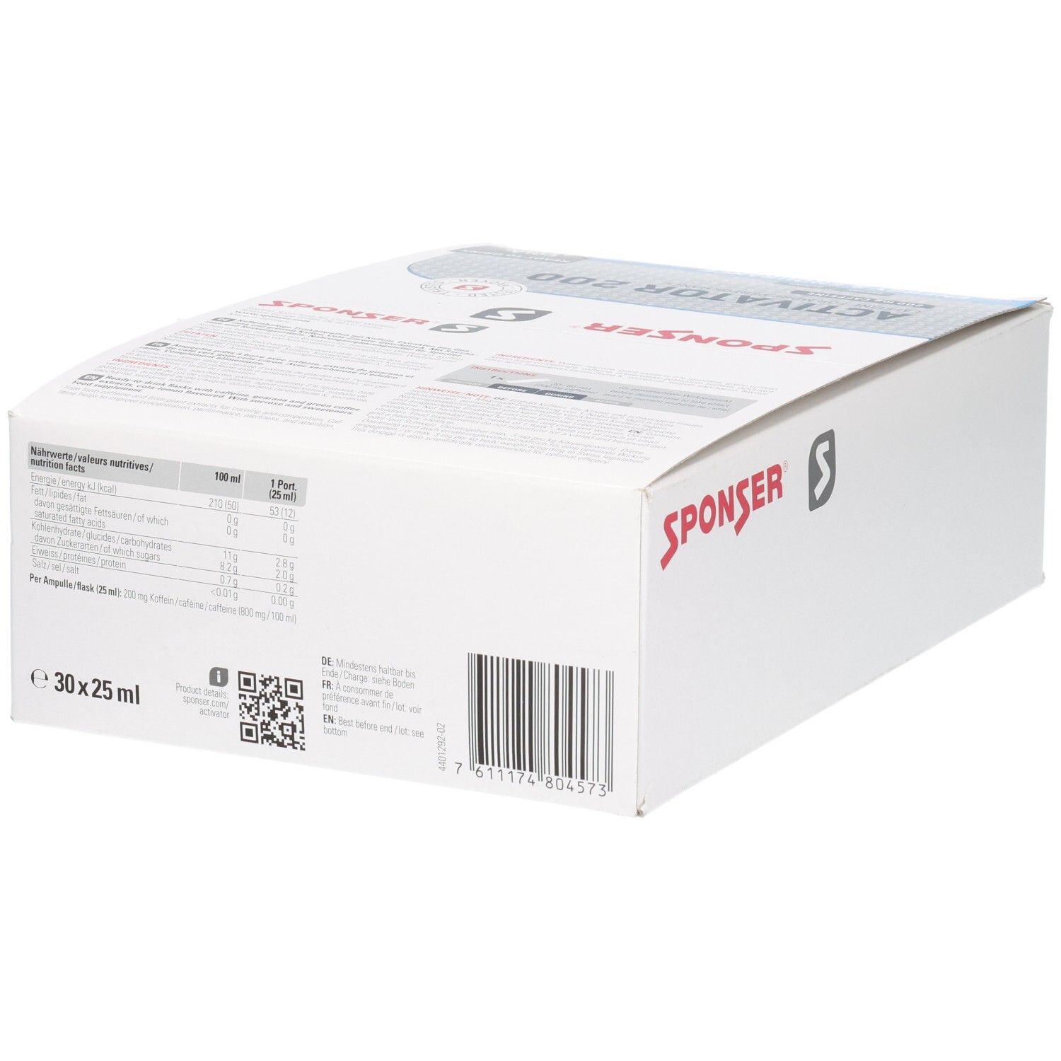 Karton mit Aufdruck. Aufschrift: SPONSER, ACTIVATOR 200. Nährwertangaben. Barcode. 30 x 25ml.
