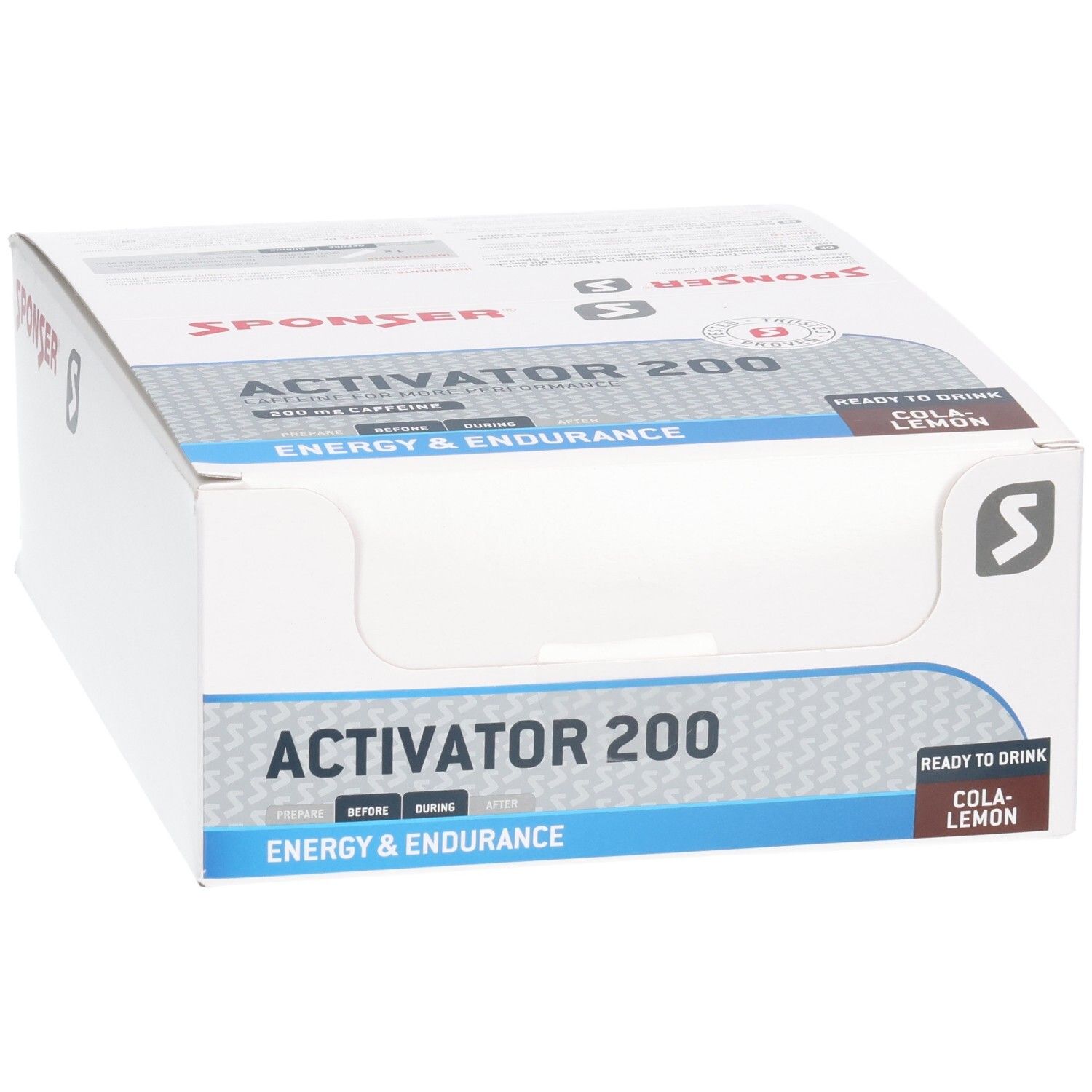 Weißer Karton mit Aufdruck. Aufschrift: SPONSER, ACTIVATOR 200, ENERGY & ENDURANCE, COLA-LEMON. Logo.