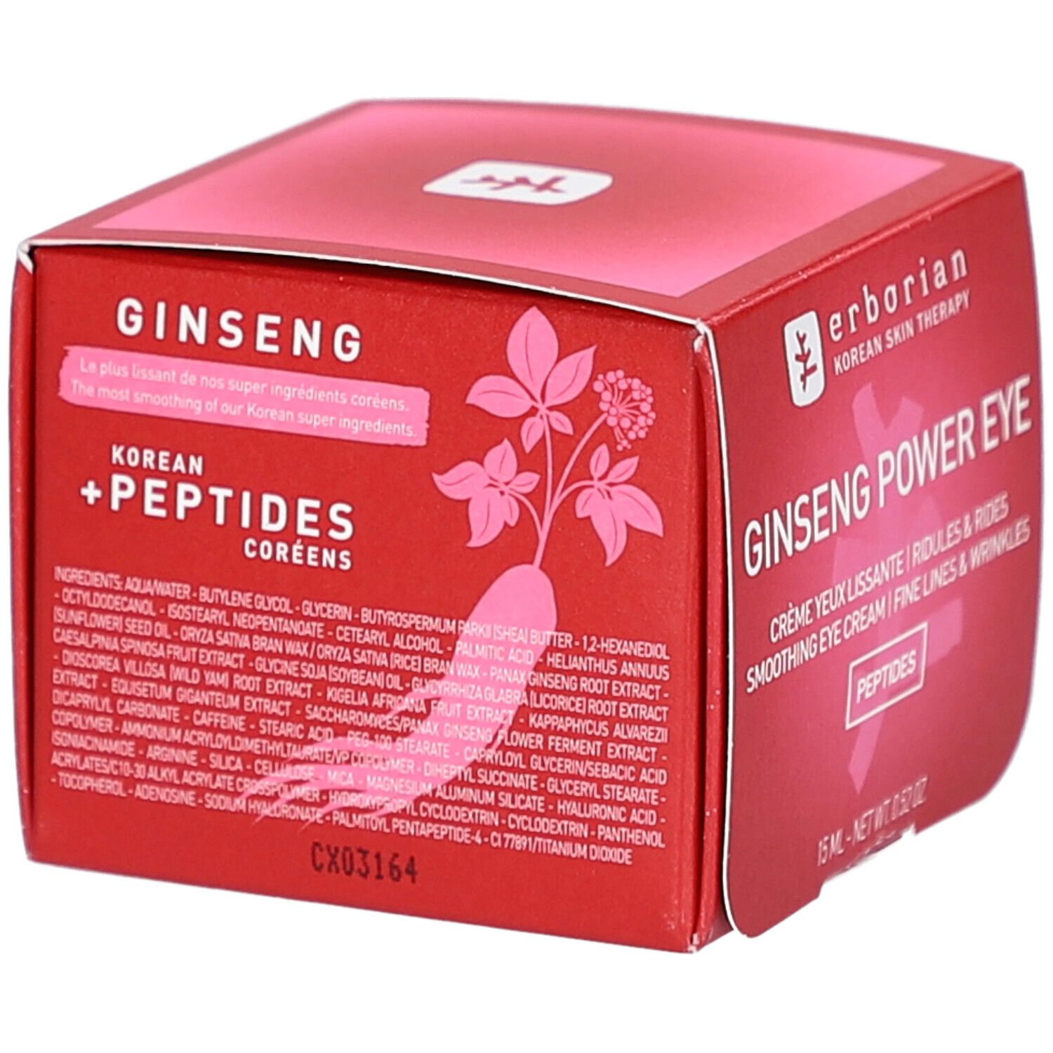 Boîte rouge avec nom du produit et ingrédients. Texte en anglais et français. CX03164.