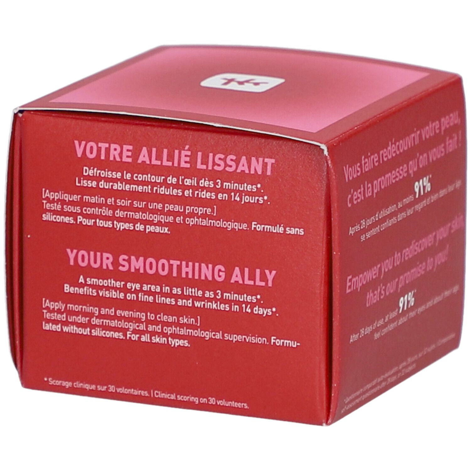 Boîte rouge avec texte en anglais et français. Contient des informations sur l'utilisation et les résultats.