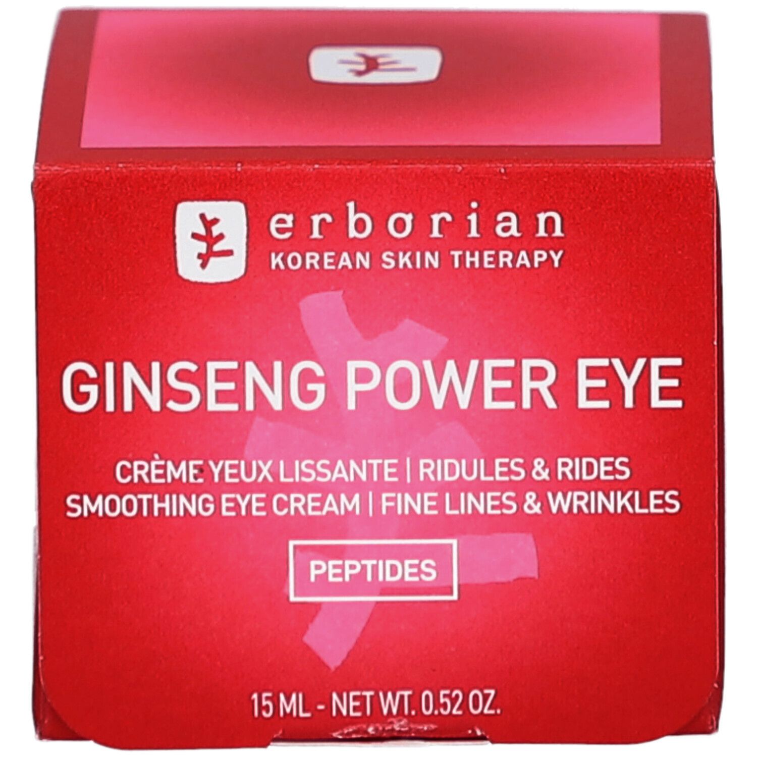 Boîte rouge avec nom et détails du produit. Texte en anglais et français. 15 ml.