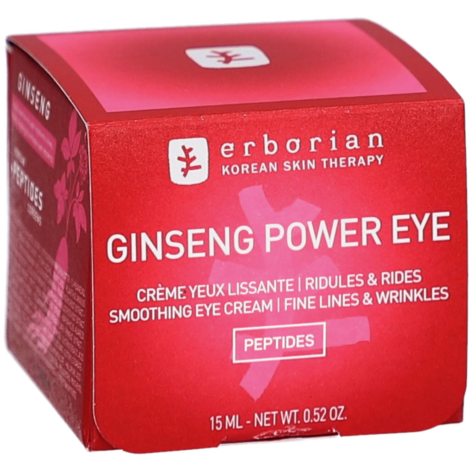 Boîte rouge avec nom et détails du produit. Texte en anglais et français. 15 ml.