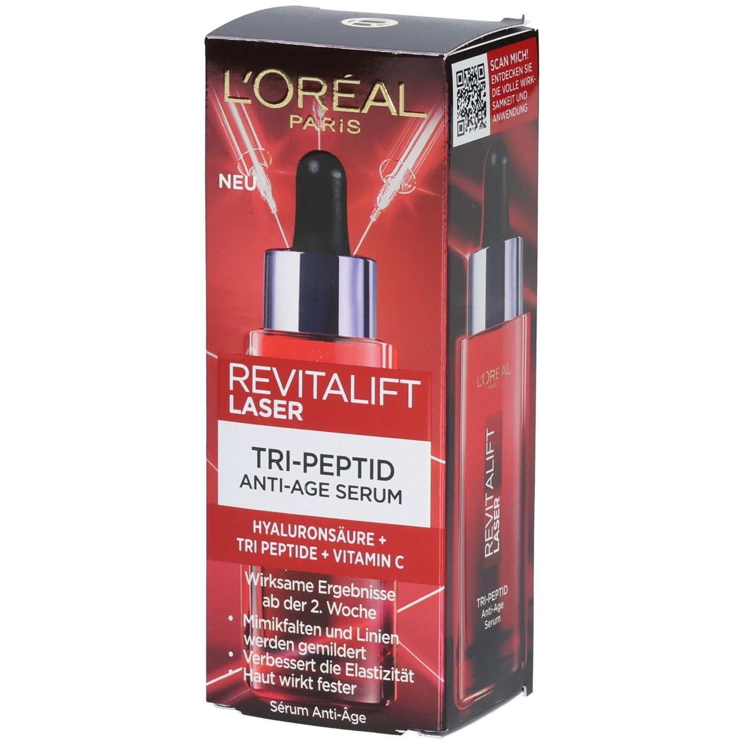 L'Oréal Revitalift Laser Tri-Peptid Anti-Age Serum in roter Verpackung mit Pipette.