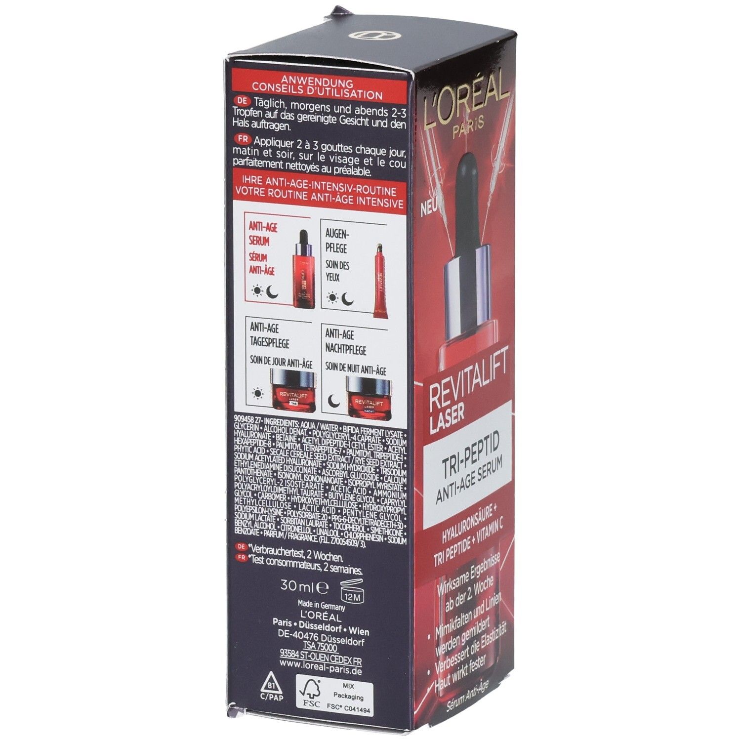 Rückseite der L'Oréal Revitalift Laser Tri-Peptid Anti-Age Serum Verpackung mit Anwendungshinweisen.
