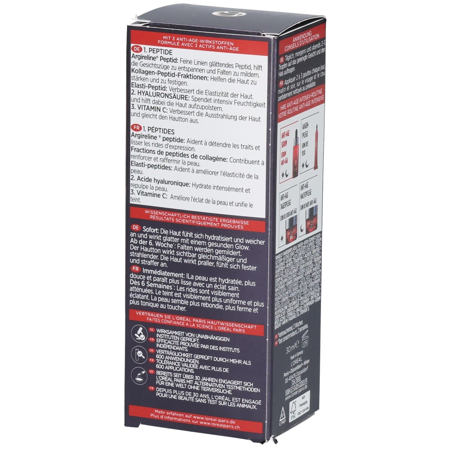 Seitenansicht der L'Oréal Revitalift Laser Tri-Peptid Anti-Age Serum Verpackung mit Inhaltsstoffen.