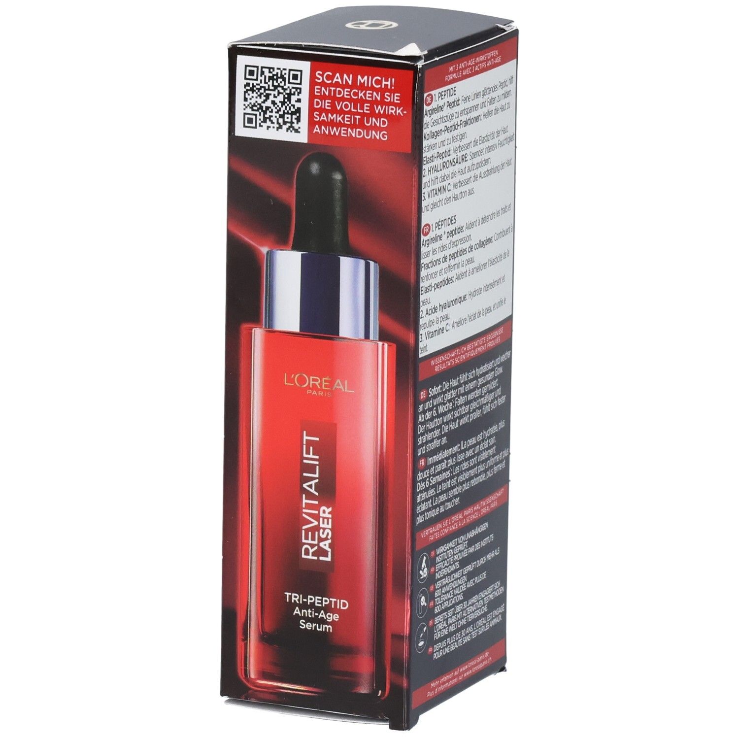 L'Oréal Revitalift Laser Tri-Peptid Anti-Age Serum Flasche mit Pipette, rote Verpackung.