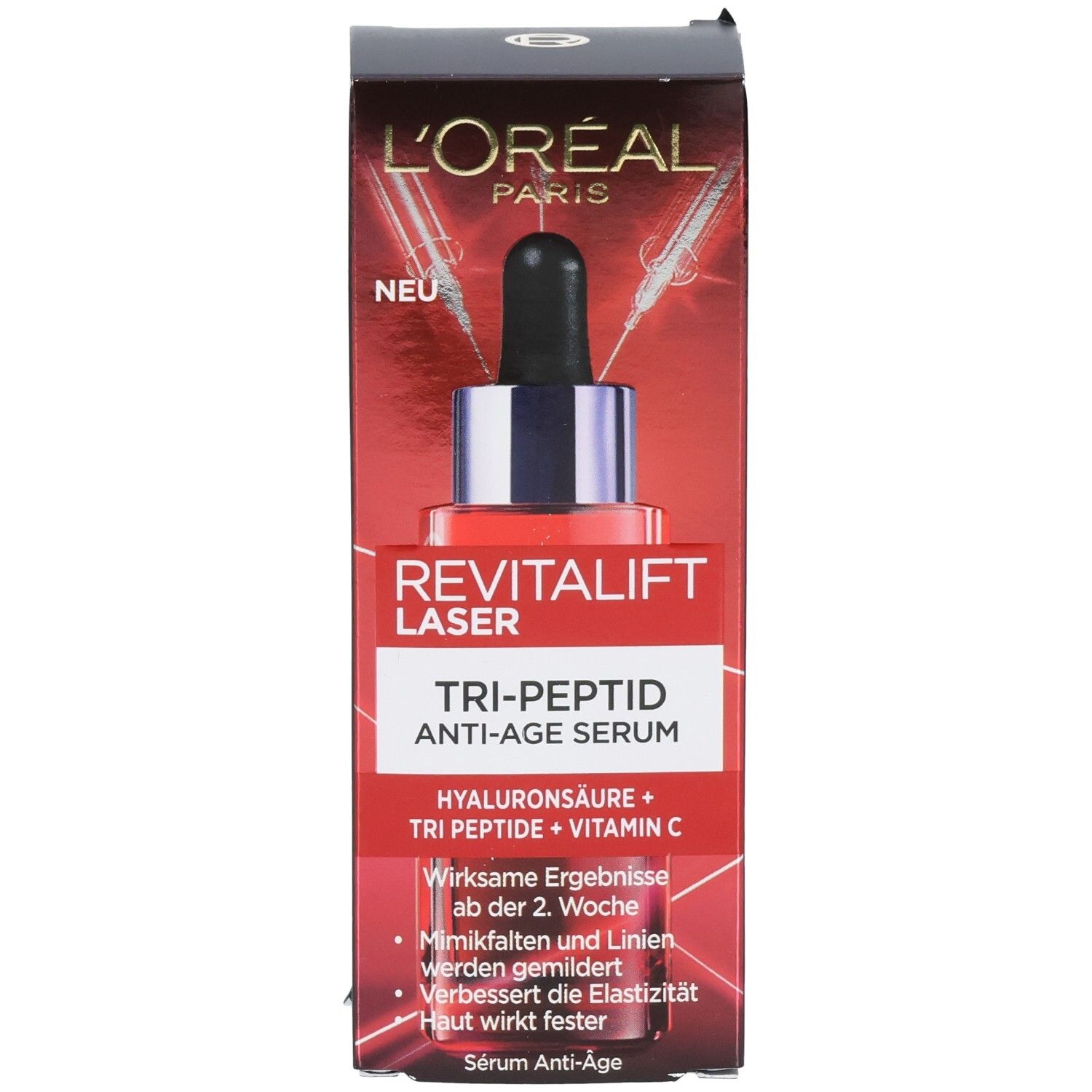 L'Oréal Revitalift Laser Tri-Peptid Anti-Age Serum in roter Verpackung, Nahaufnahme des Serums.