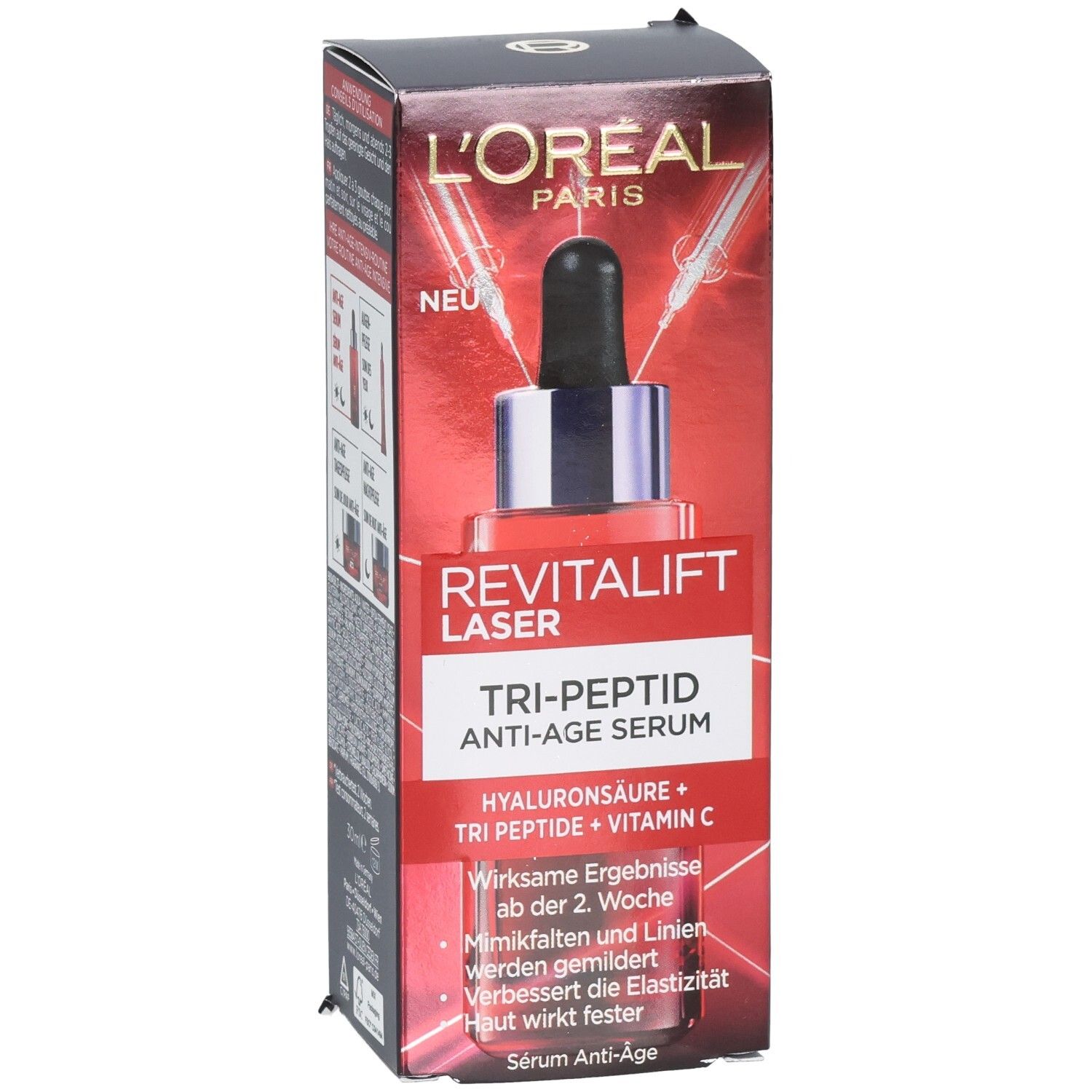L'Oréal Revitalift Laser Tri-Peptid Anti-Age Serum Verpackung mit Pipettenflasche und QR-Code.