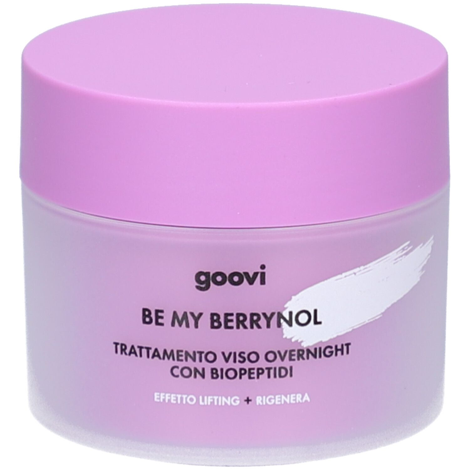 Creme-Tiegel mit Deckel. Aufschrift: goovi, BE MY BERRYNOL, Trattamento viso overnight con biopeptidi. Lila und weiß.