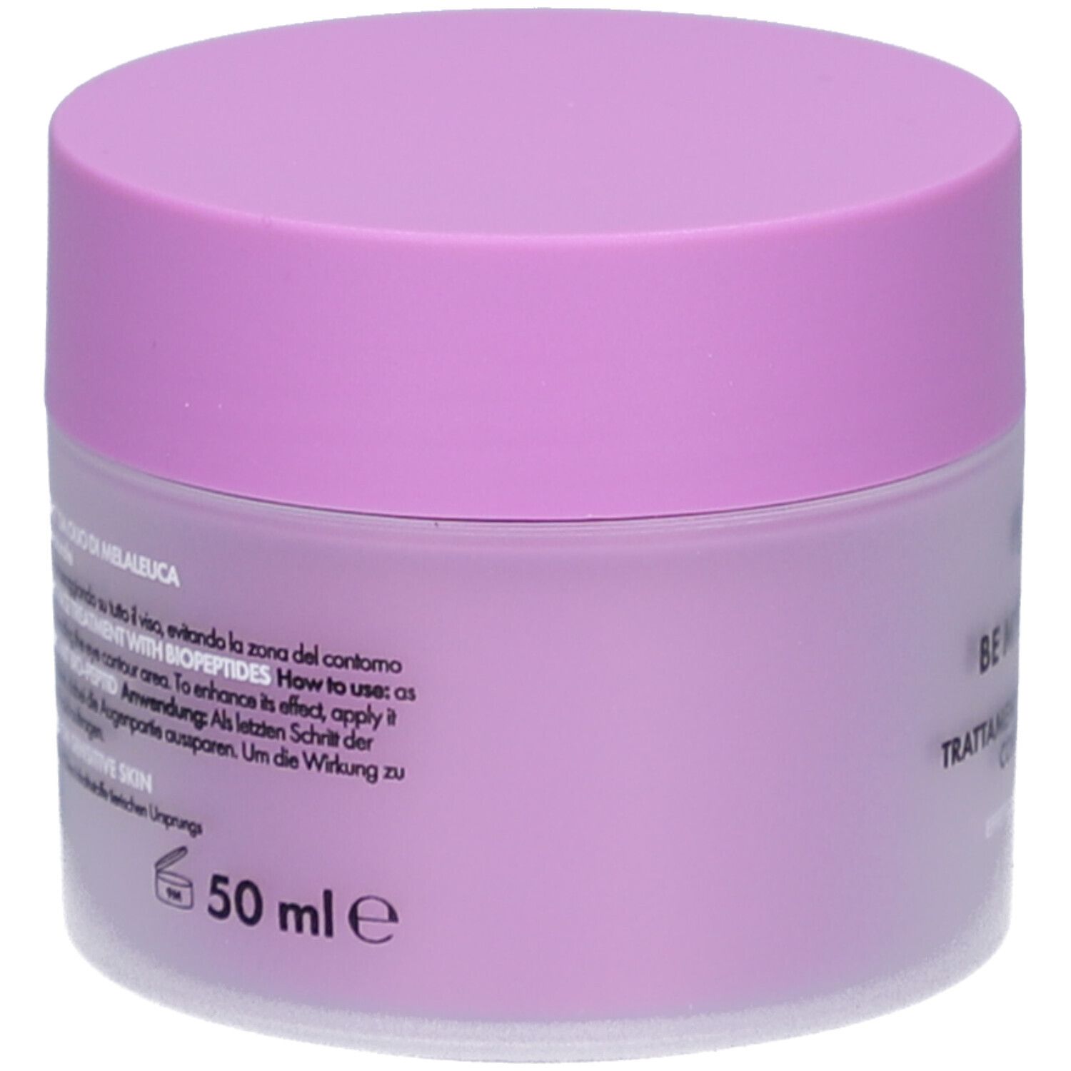 Creme-Tiegel, Rückseite. Aufschrift: 50 ml e. Text in mehreren Sprachen. Lila und weiß.