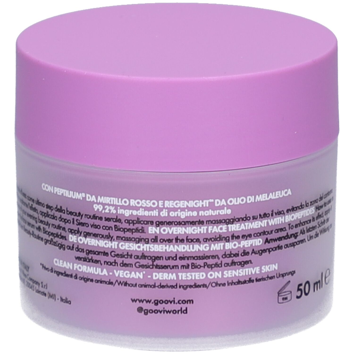 Creme-Tiegel, Rückseite. Aufschrift: 50 ml e. Text in mehreren Sprachen. Lila und weiß.