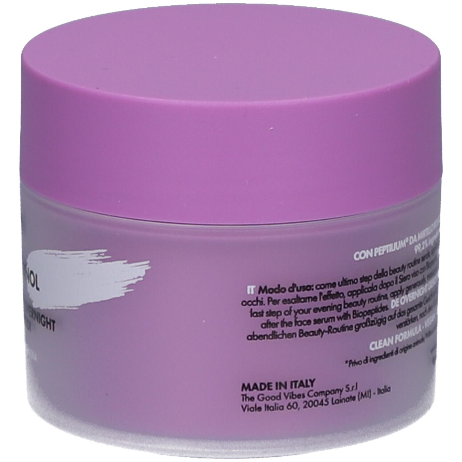 Creme-Tiegel, Rückseite. Text in mehreren Sprachen. Lila und weiß.