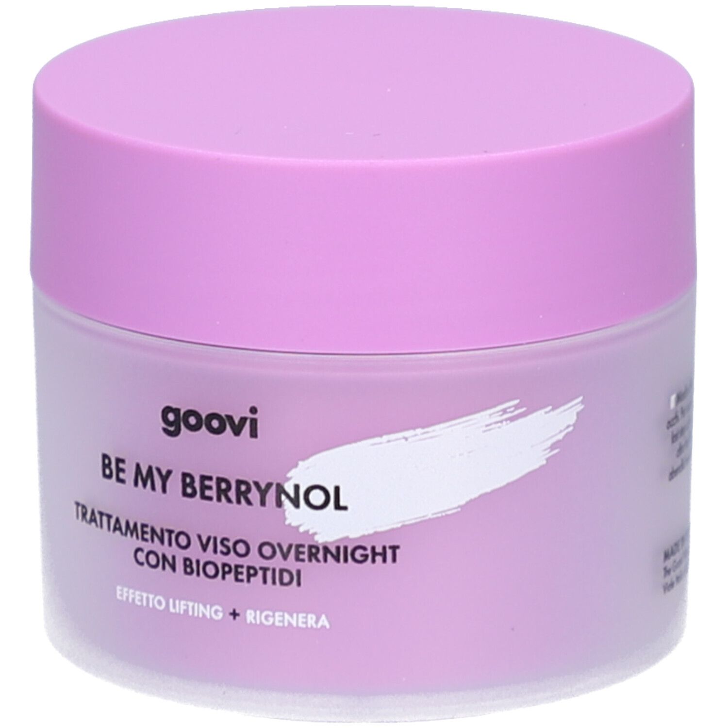 Creme-Tiegel mit Deckel. Aufschrift: goovi, BE MY BERRYNOL, Trattamento viso overnight con biopeptidi. Lila und weiß.