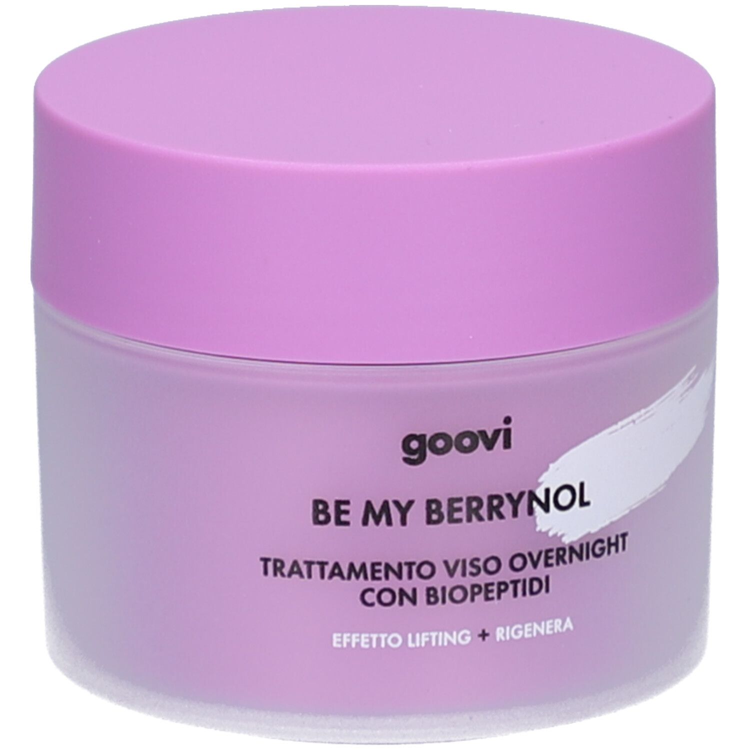 Creme-Tiegel mit Deckel. Aufschrift: goovi, BE MY BERRYNOL, Trattamento viso overnight con biopeptidi. Lila und weiß.