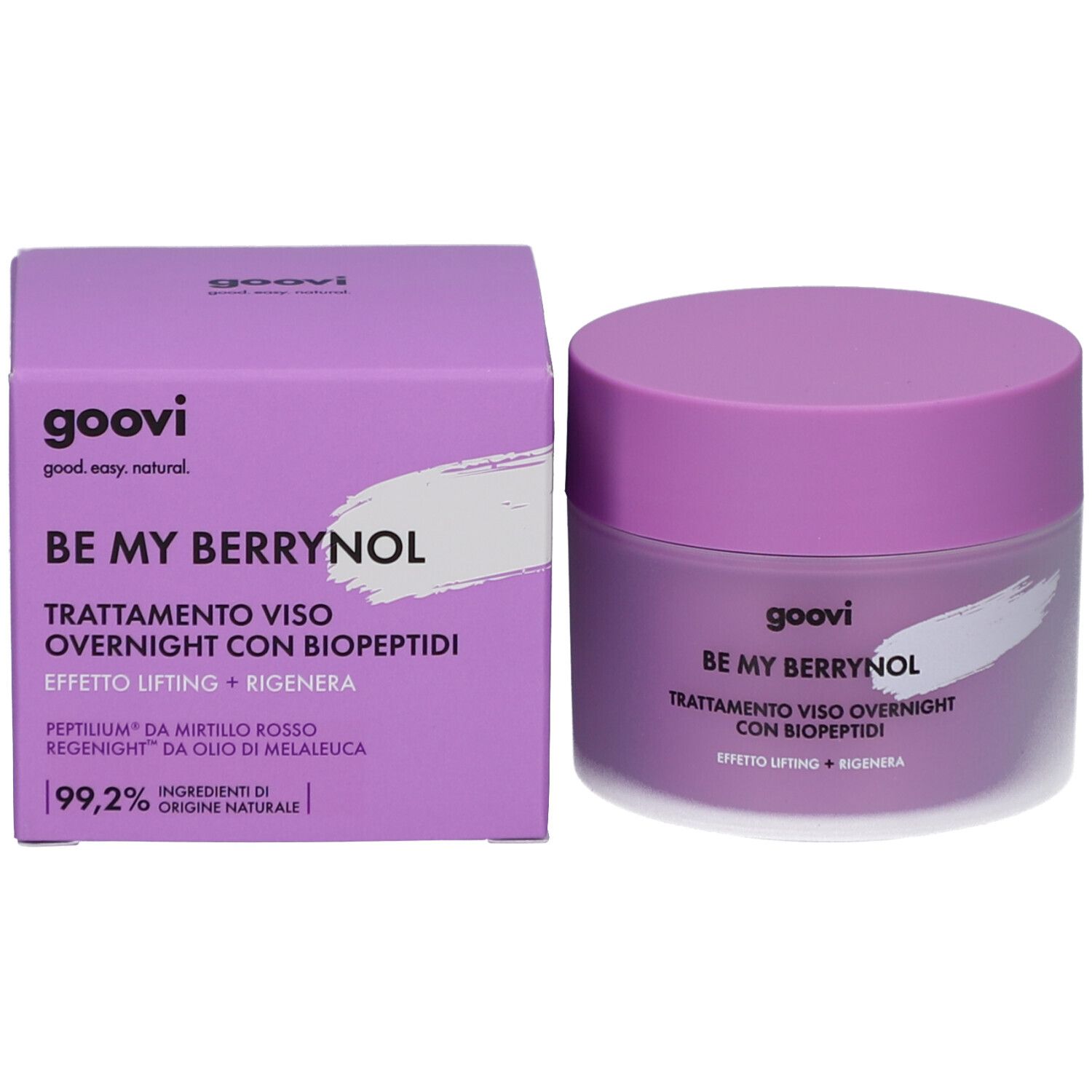 Produktverpackung und Creme-Tiegel. Aufschrift: goovi, BE MY BERRYNOL, Trattamento viso overnight con biopeptidi. Lila und weiß.