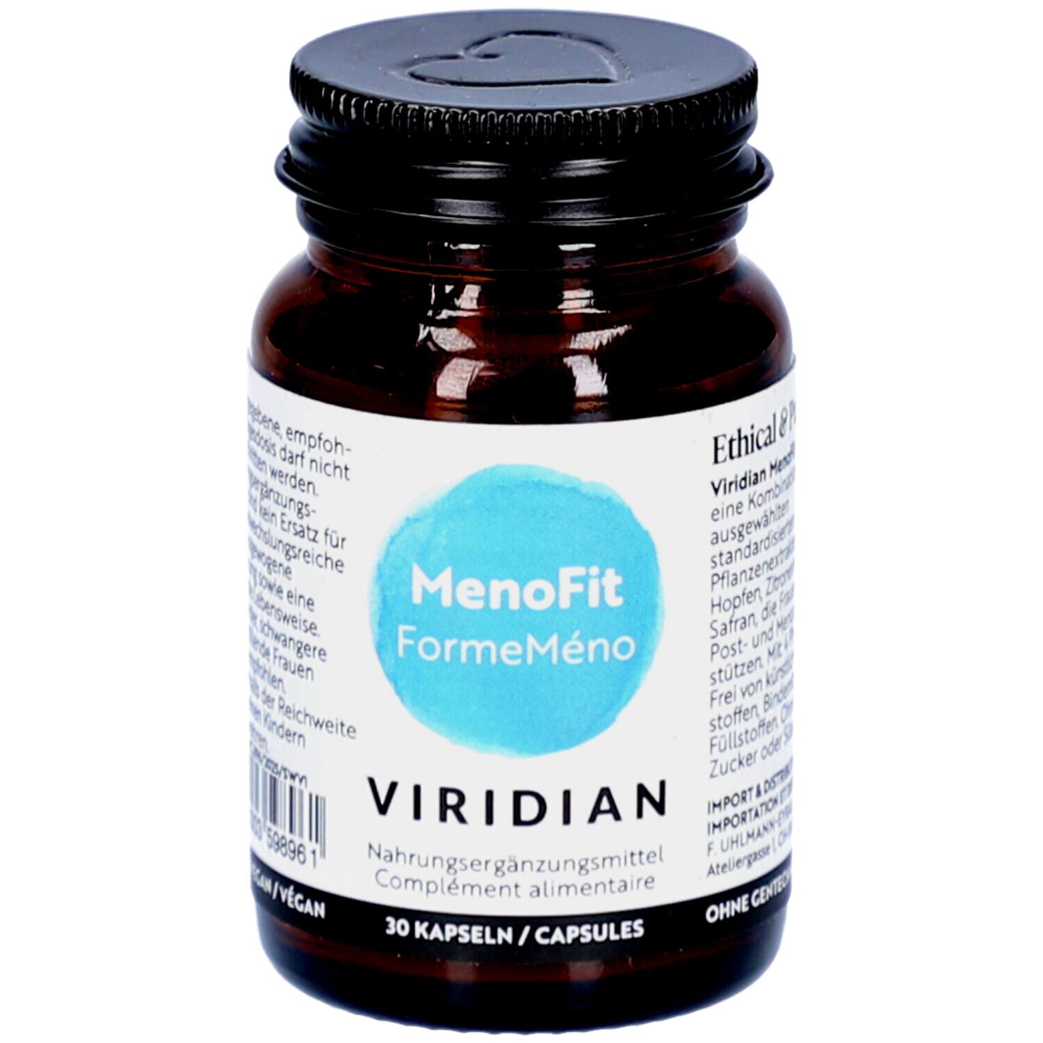 Flacon en verre brun, bouchon noir. Étiquette bleue "MenoFit FormeMeno" et "VIRIDIAN". 30 gélules.