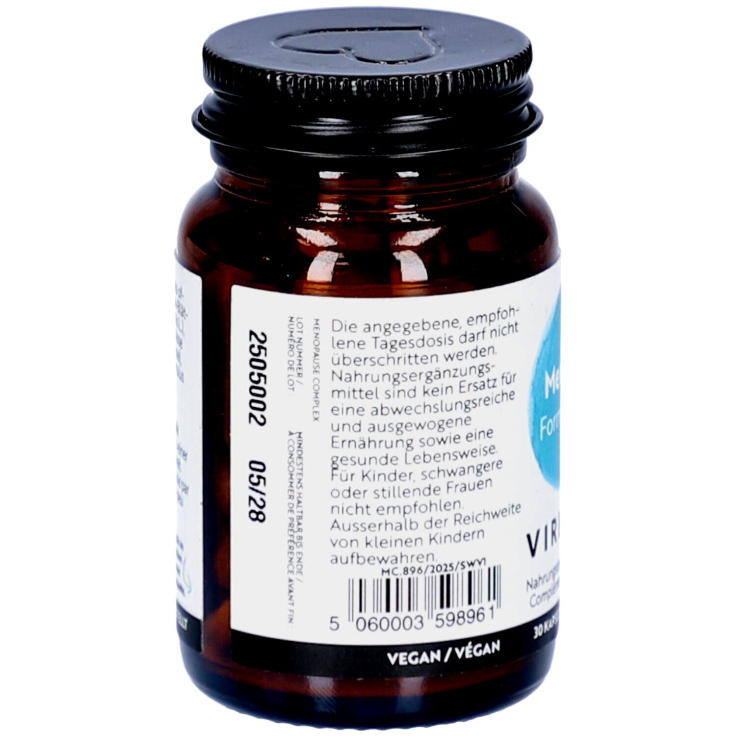 Flacon en verre brun. Étiquette blanche avec texte. "VIRIDIAN" et "30 CAPSULES". Logo vegan.