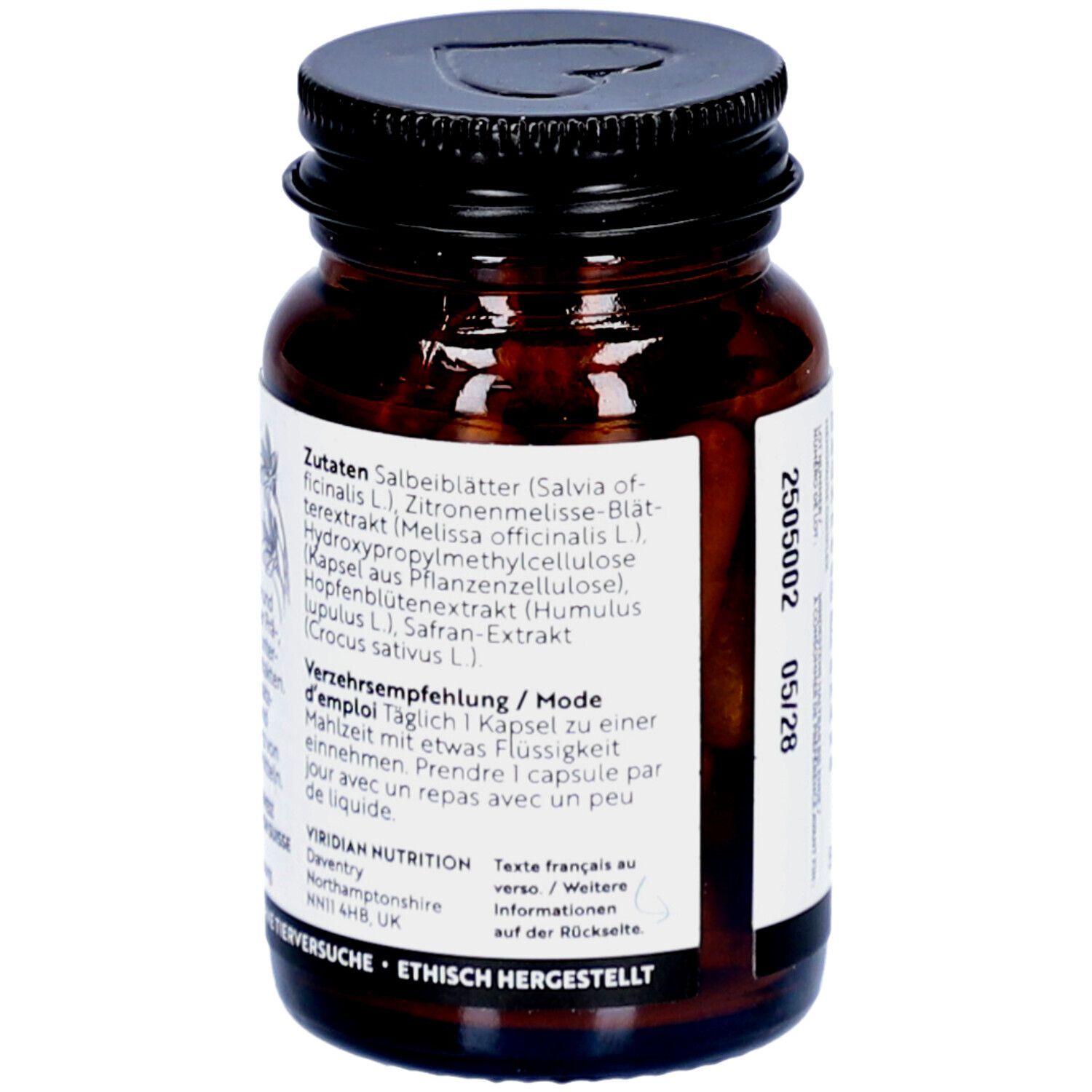 Flacon en verre brun. Étiquette blanche avec liste d'ingrédients et instructions. Texte en allemand et français.