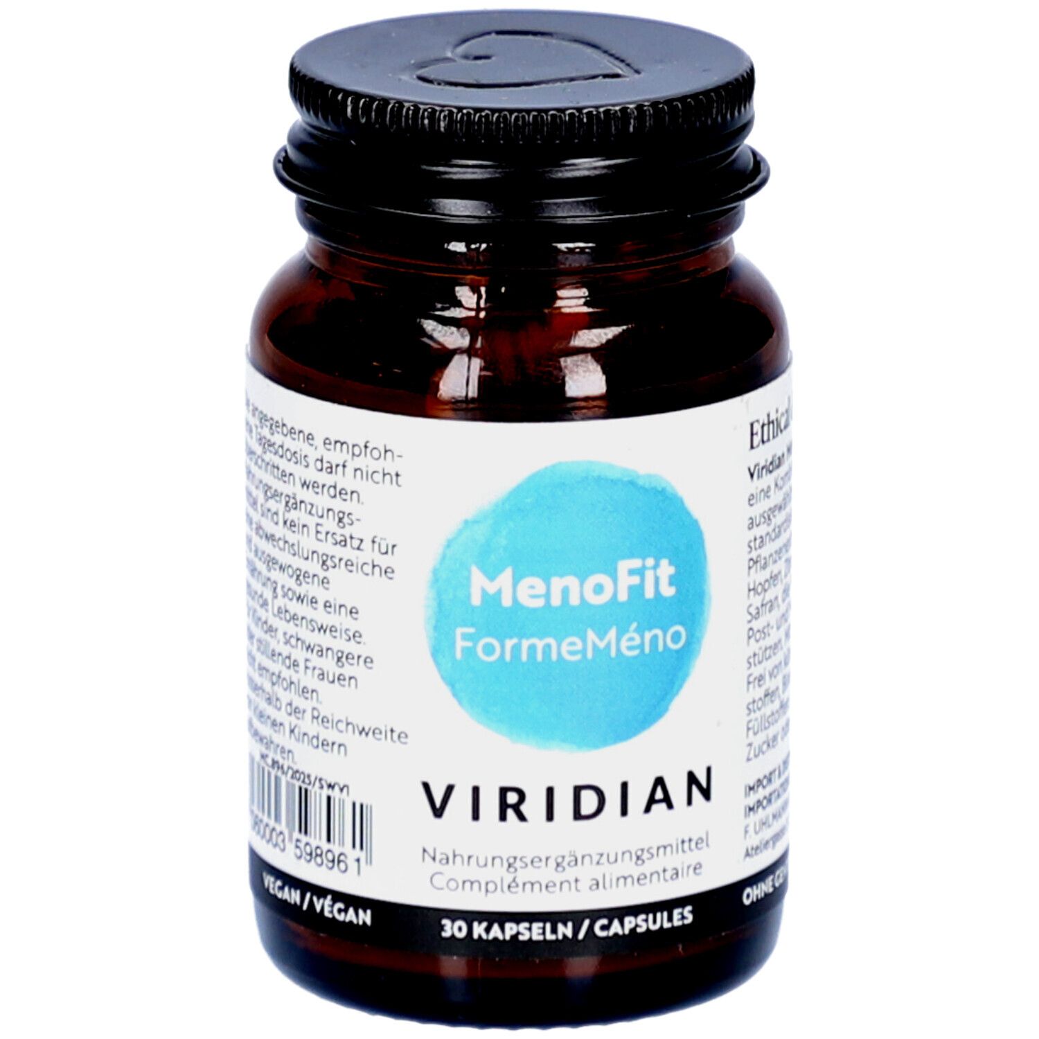 Flacon en verre brun, bouchon noir. Étiquette bleue "MenoFit FormeMeno" et "VIRIDIAN". 30 gélules.
