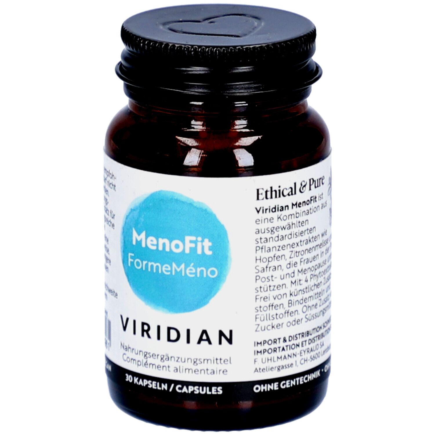 Flacon en verre brun, bouchon noir. Étiquette bleue "MenoFit FormeMeno" et "VIRIDIAN". 30 gélules.