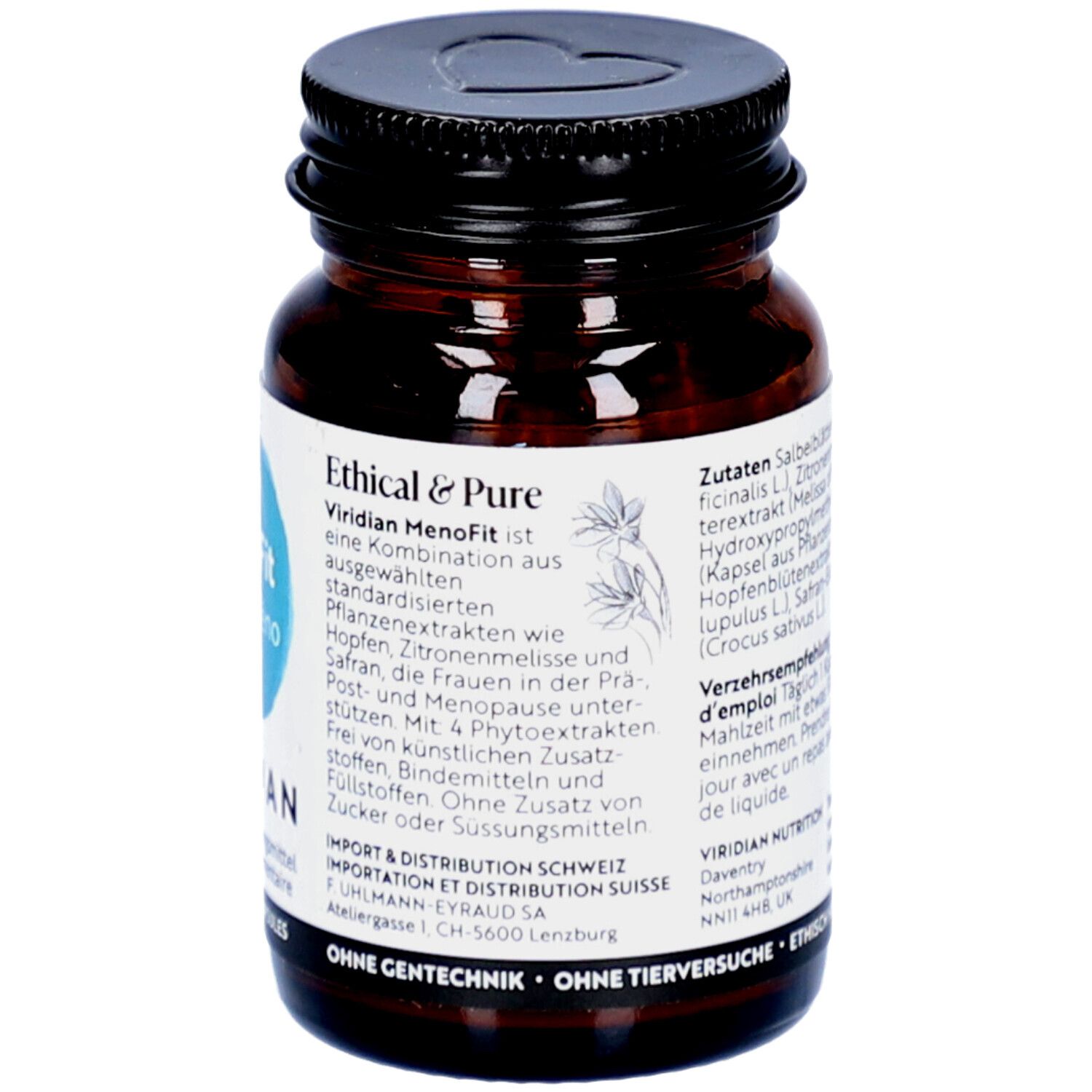 Flacon brun, bouchon noir. Étiquette avec texte. "MenoFit" et "VIRIDIAN". 30 gélules. Vegan.