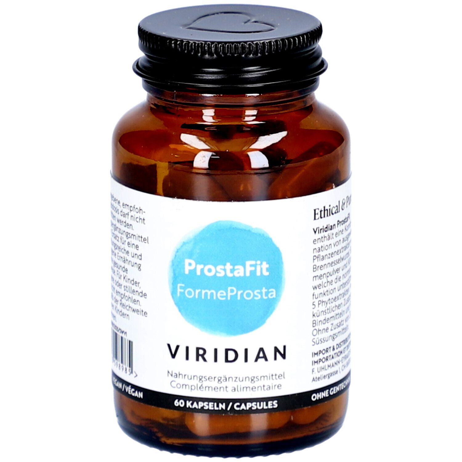 Braune Glasflasche mit schwarzem Deckel. Etikett mit Produktnamen ProstaFit und Marke VIRIDIAN. 60 Kapseln.
