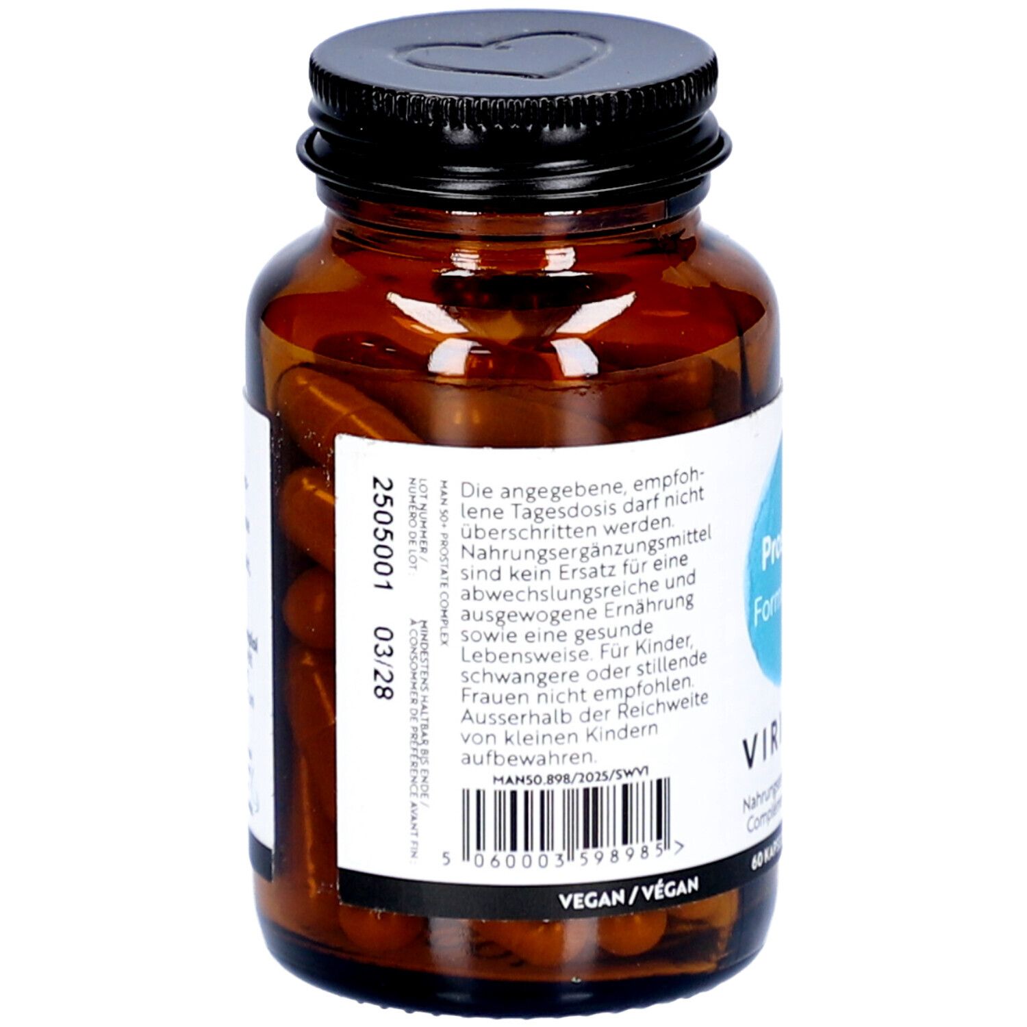 Rückseite der braunen Glasflasche. Etikett mit Produktinformationen, Inhaltsstoffen und Warnhinweisen. Vegan.