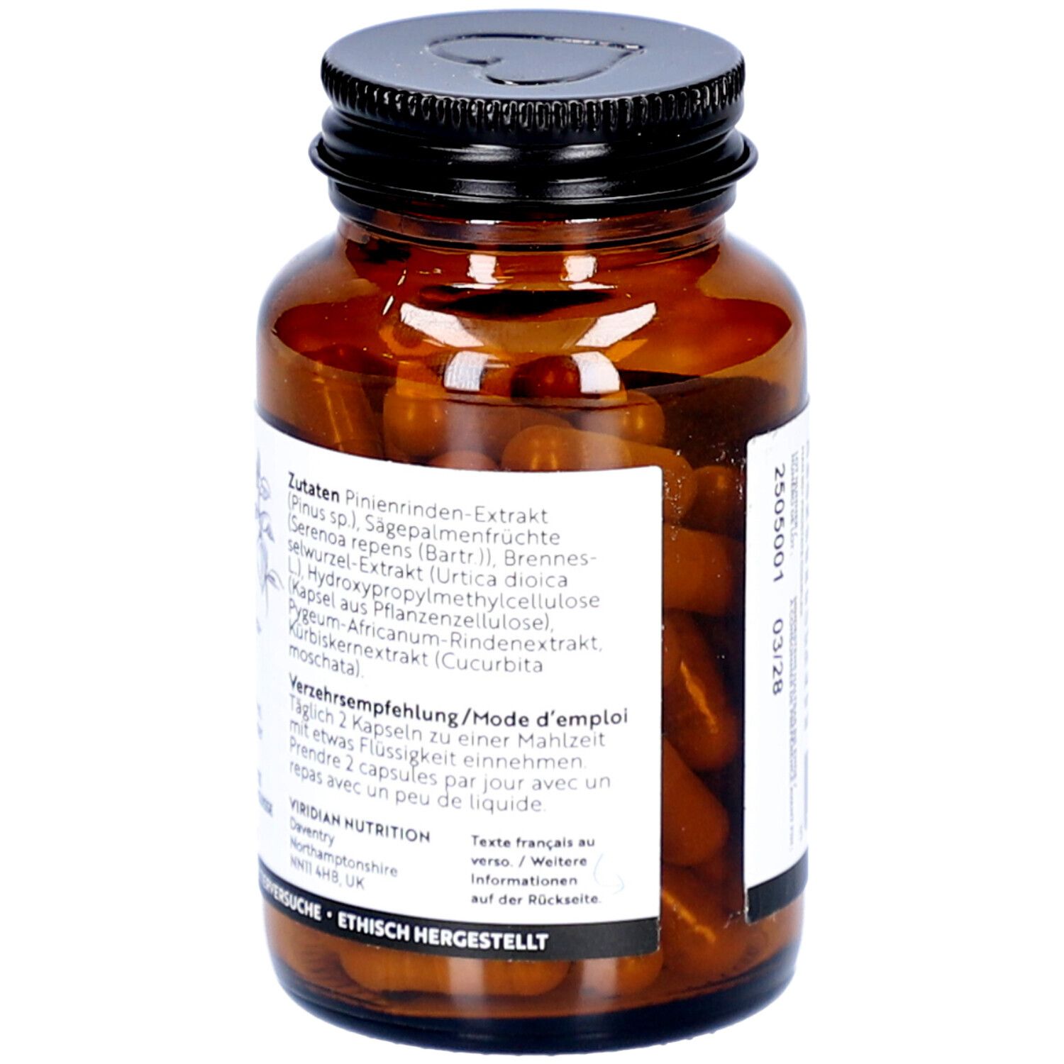 Braune Glasflasche mit schwarzem Deckel. Etikett mit Inhaltsstoffen: Pinienrinden-Extrakt, Sägepalmenfrüchte, etc. Vegan.