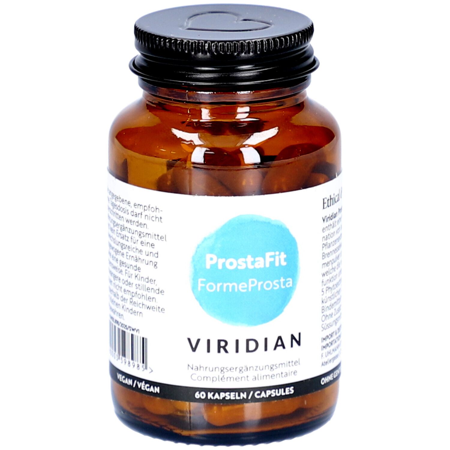 Braune Glasflasche mit schwarzem Deckel. Etikett mit Produktnamen ProstaFit und Marke VIRIDIAN. 60 Kapseln.