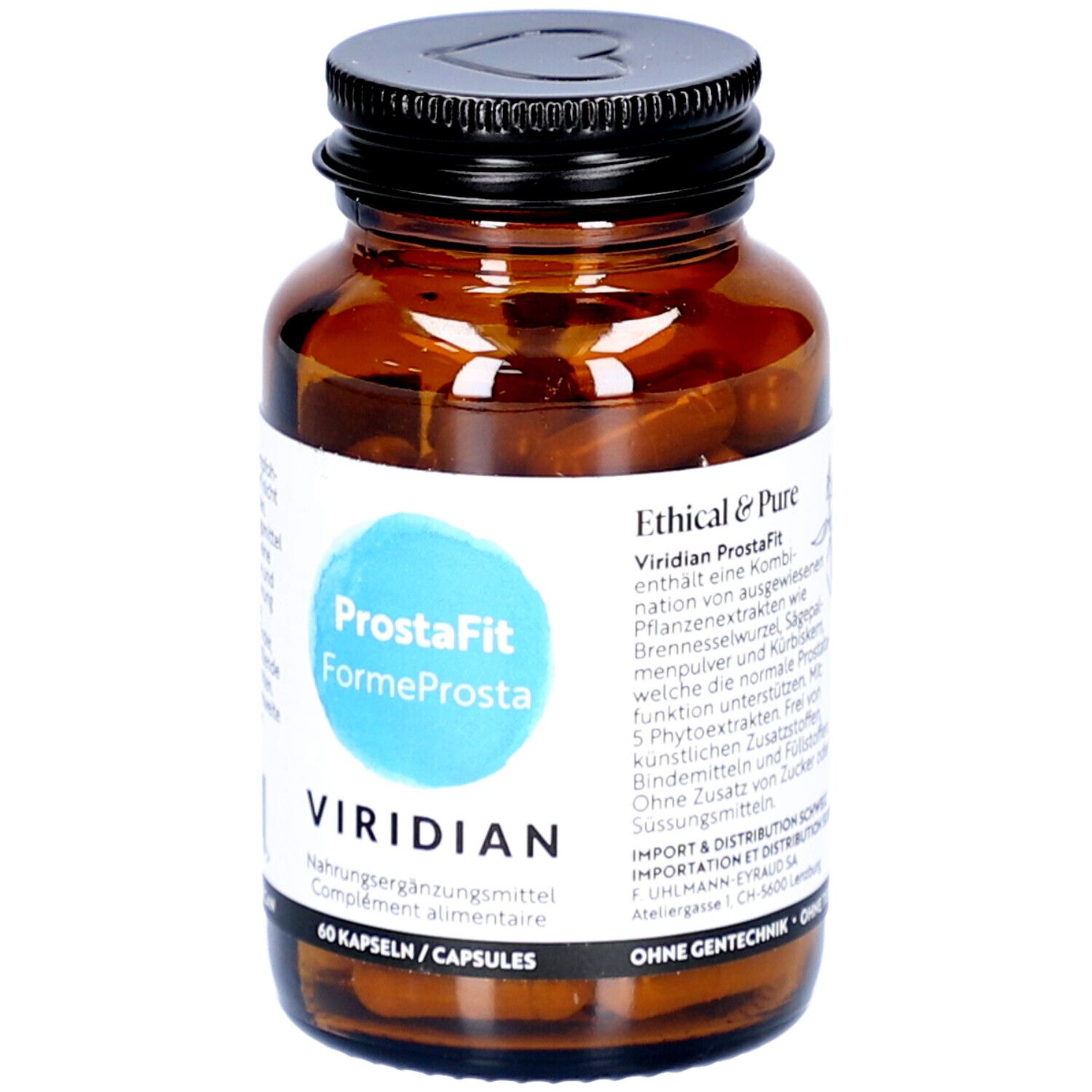 Braune Glasflasche mit schwarzem Deckel. Etikett mit Produktnamen ProstaFit und Marke VIRIDIAN. 60 Kapseln.