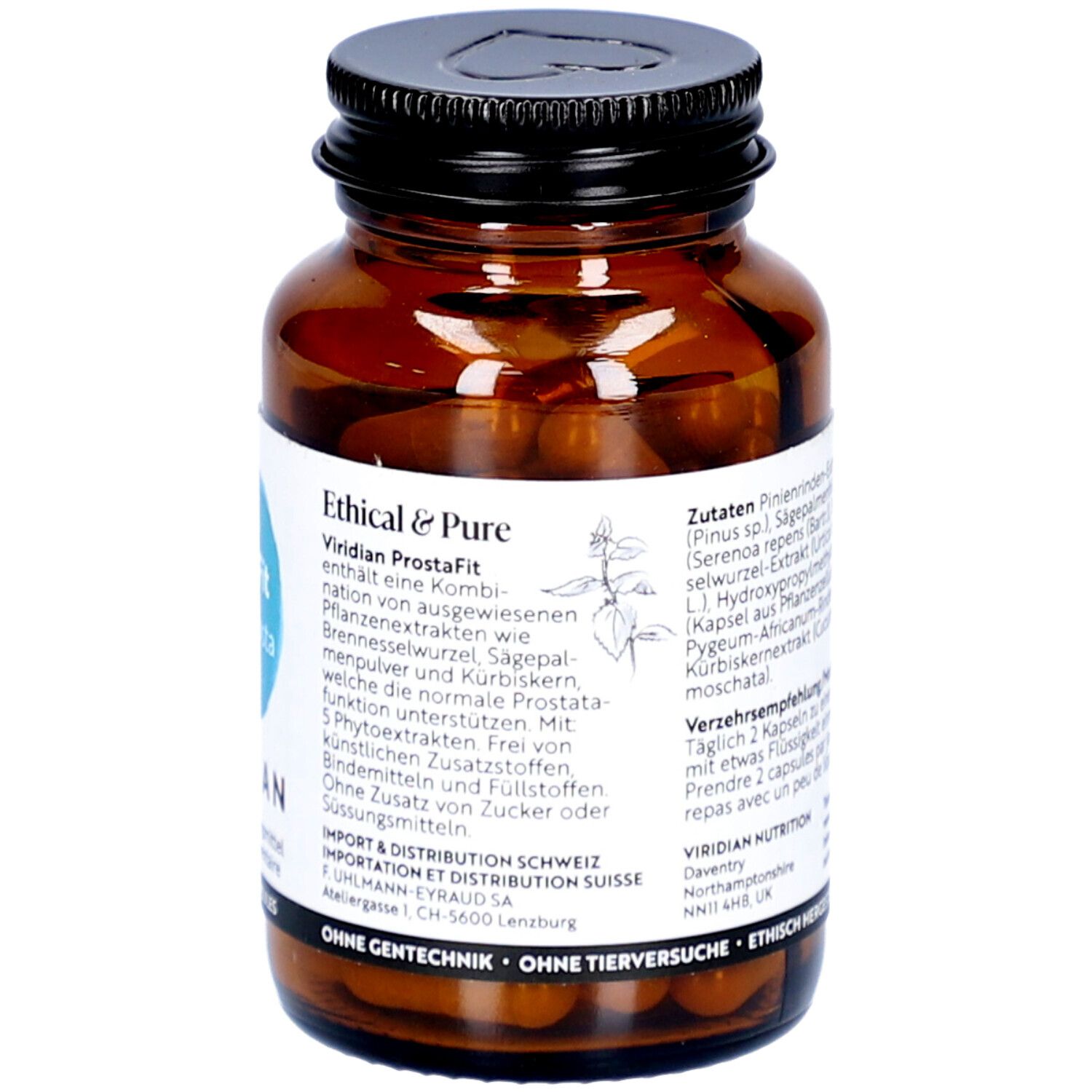 Braune Glasflasche mit schwarzem Deckel. Etikett mit Produktinformationen, Inhaltsstoffen und Dosierung. Vegan.