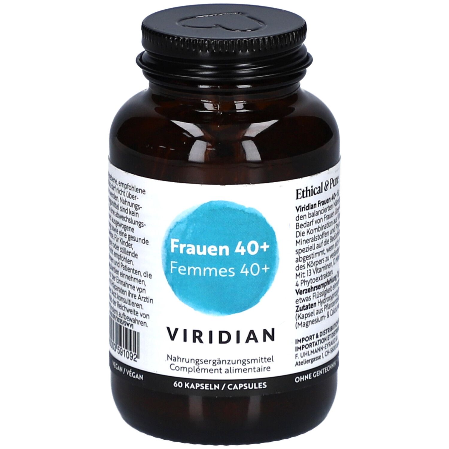 Braune Glasflasche mit schwarzen Deckel. Etikett mit Produktnamen und Logo. Enthält 60 Kapseln. Vegan.