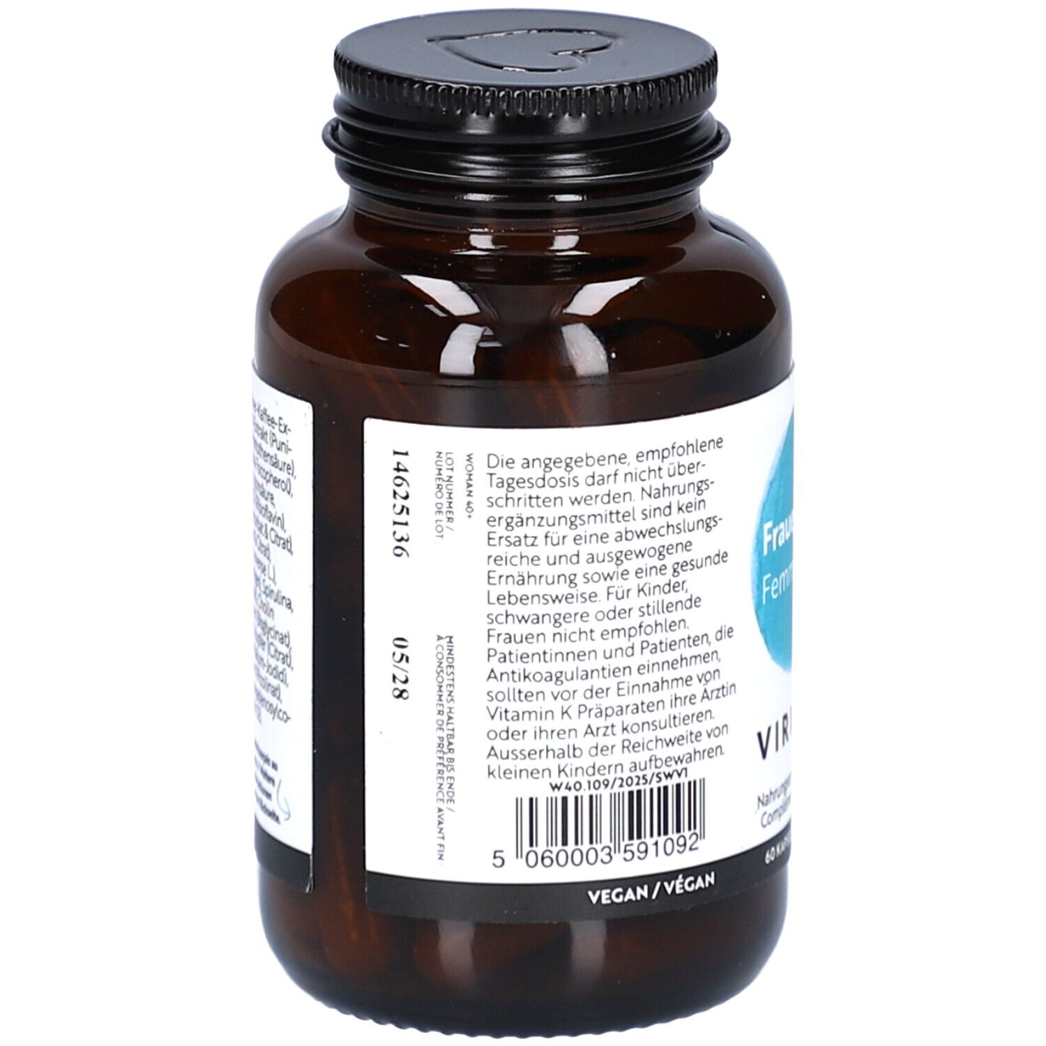 Rückseite der braunen Glasflasche. Etikett mit Produktinformationen, Barcode und Verfallsdatum. Vegan.