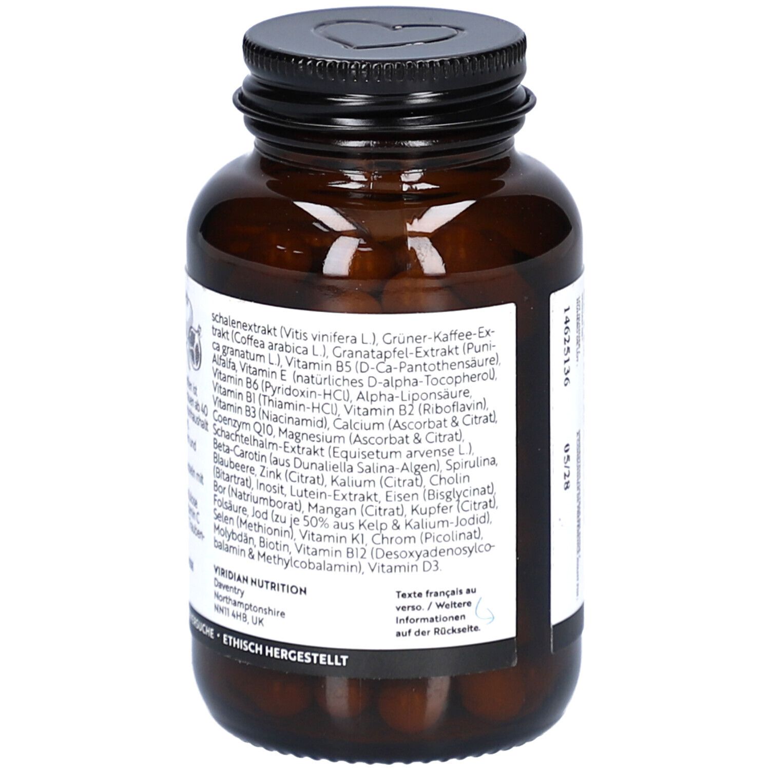 Rückseite der braunen Glasflasche. Etikett mit Inhaltsstoffen und Herstellerinformationen. Vegan.