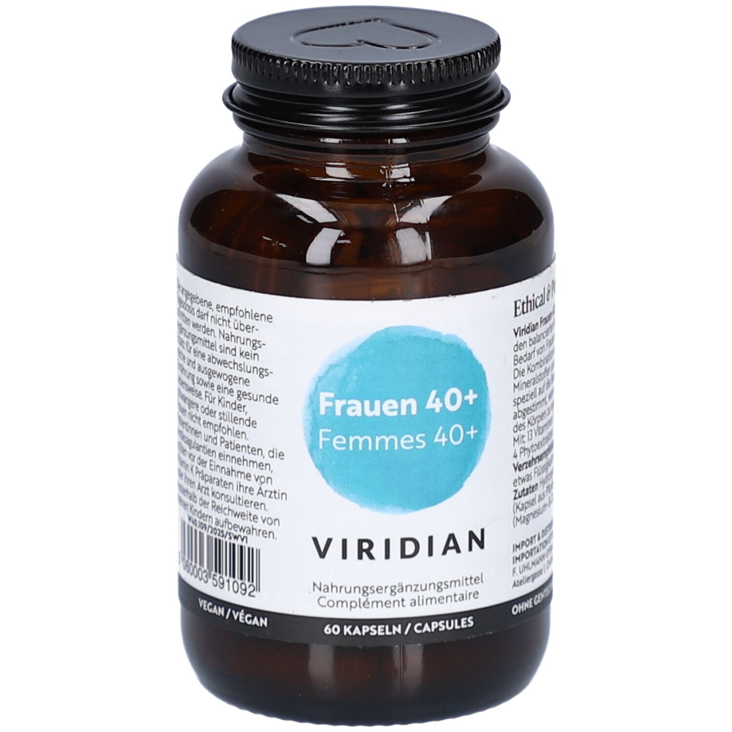 Braune Glasflasche mit schwarzem Deckel. Etikett mit Produktnamen und Logo. Enthält 60 Kapseln. Vegan.