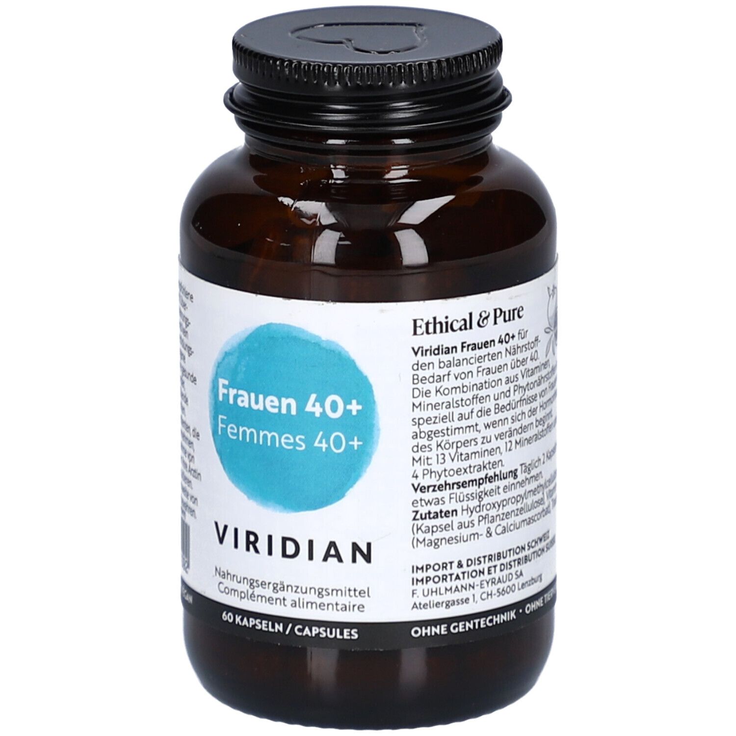 Braune Glasflasche mit schwarzem Deckel. Etikett mit Produktnamen, Logo und Inhaltsangaben. 60 Kapseln.