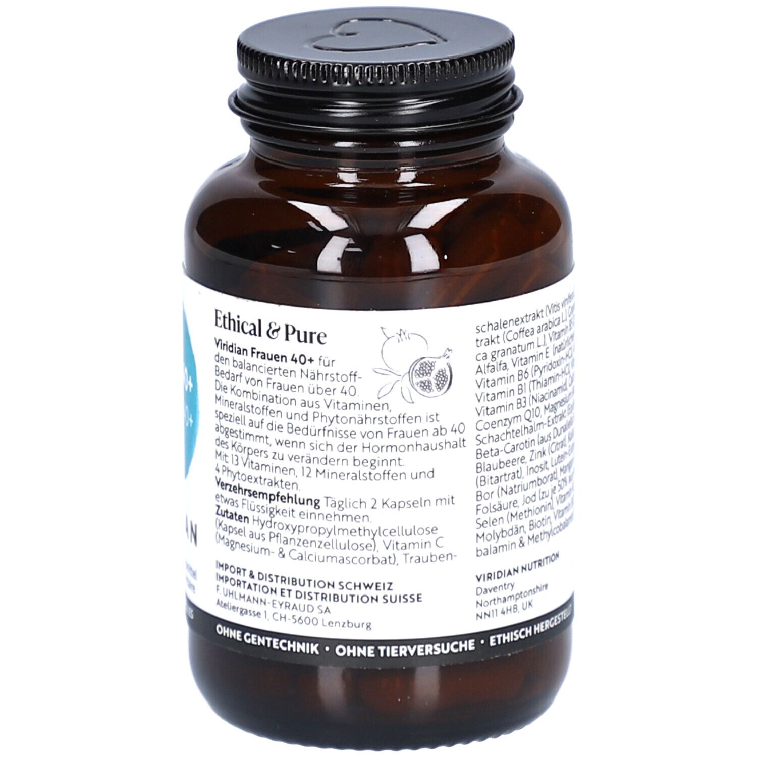 Rückseite der braunen Glasflasche. Etikett mit Produktinformationen, Inhaltsstoffen und Hersteller. Vegan.