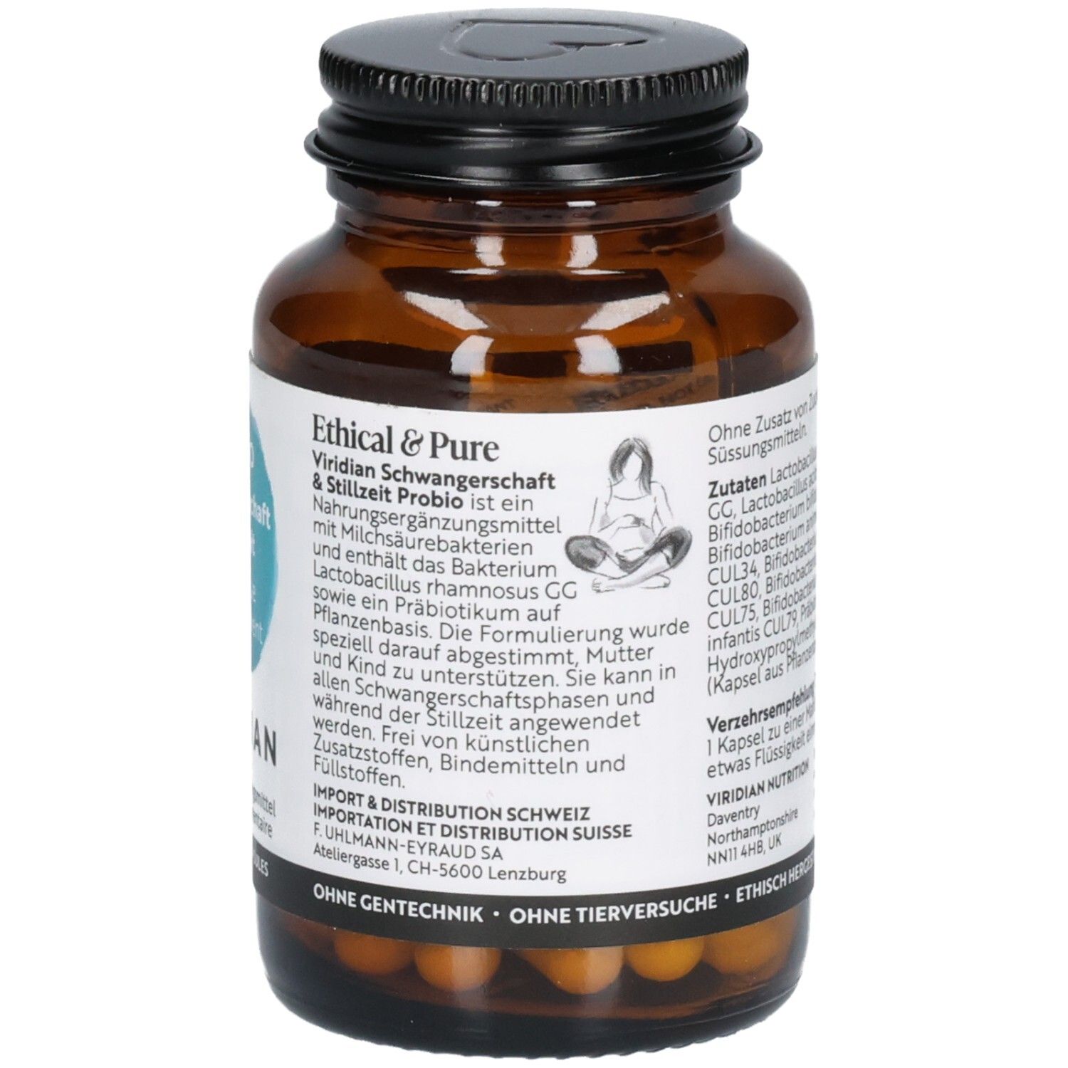 Braune Glasflasche mit schwarzem Deckel. Etikett mit Produktinformationen, Illustration und Logo VIRIDIAN.