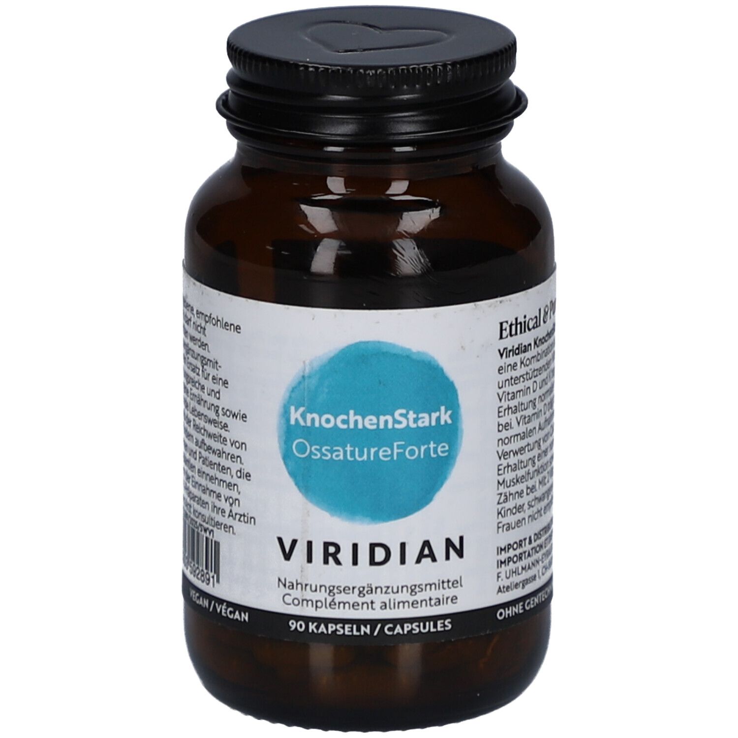 Flacon en verre brun, bouchon noir. Étiquette avec nom du produit et marque Viridian. 90 gélules.