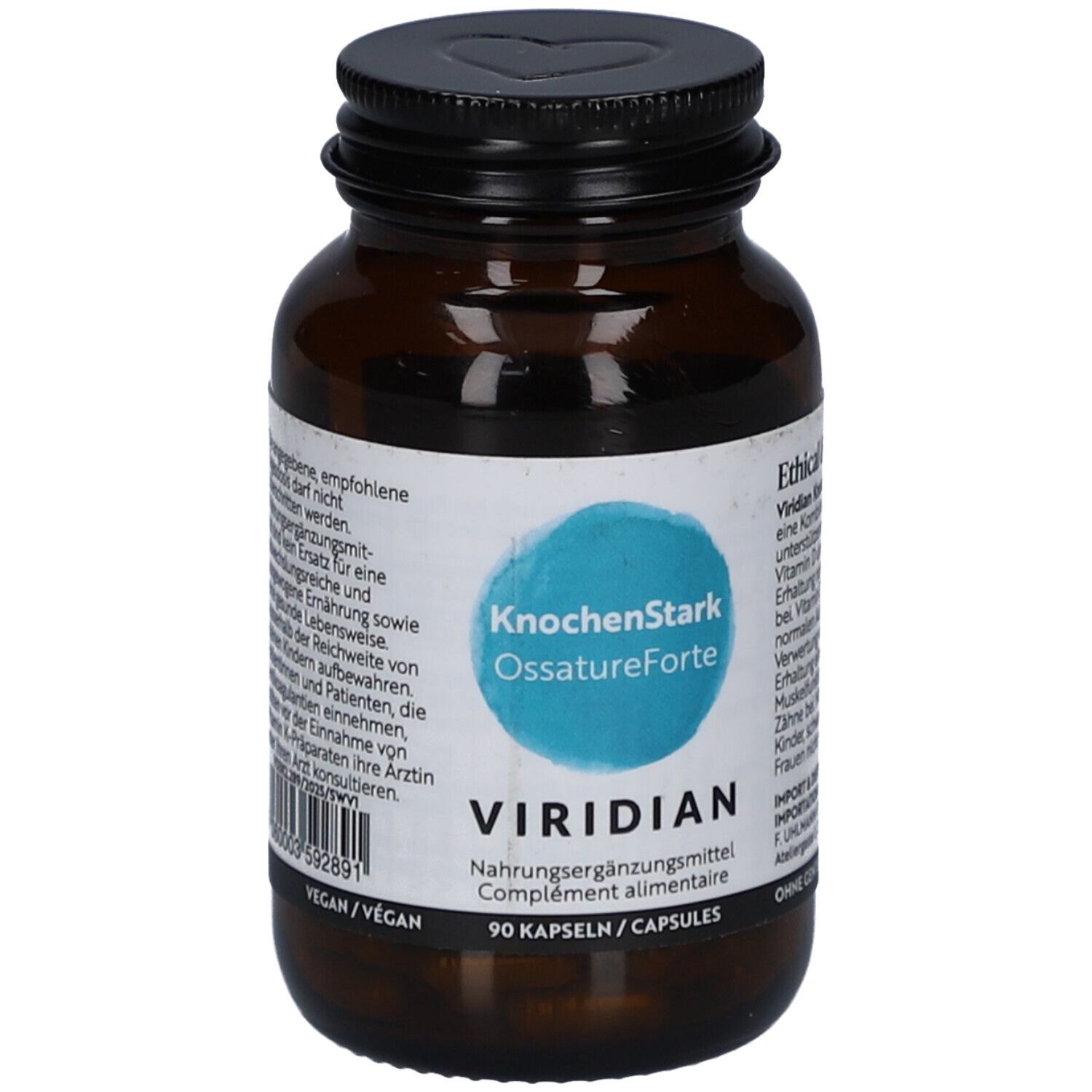 Flacon en verre brun, bouchon noir. Étiquette avec nom du produit, marque Viridian et 90 gélules.