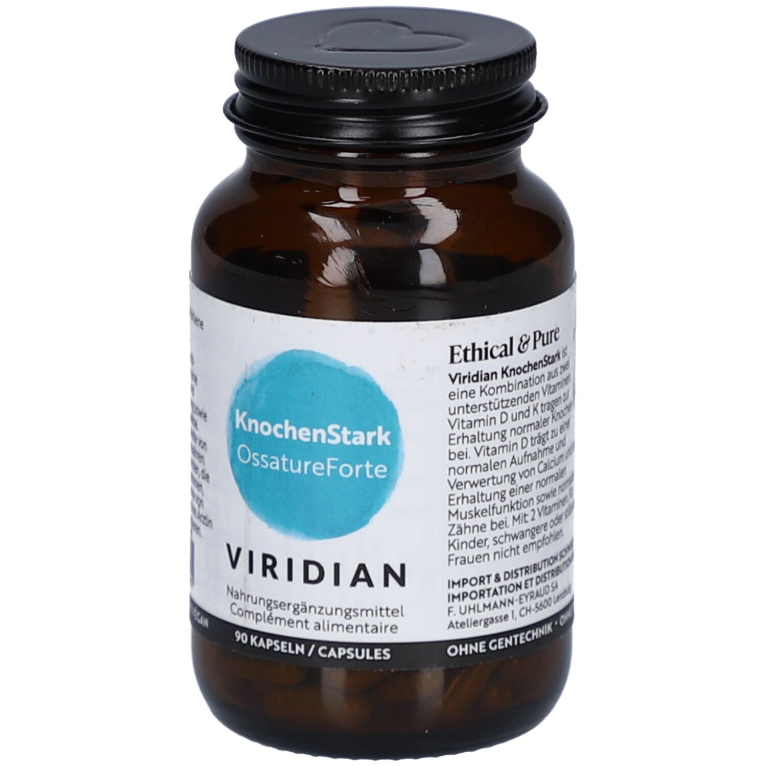 Flacon en verre brun, bouchon noir. Étiquette avec nom du produit, marque Viridian et 90 gélules.