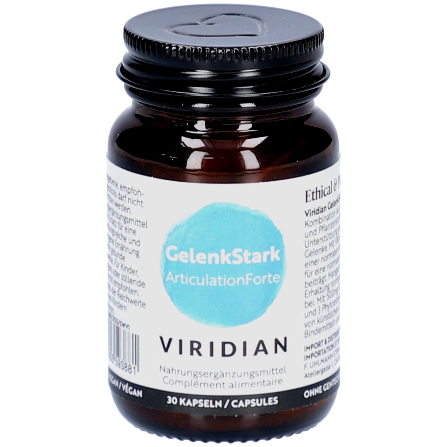 Flacon en verre brun, bouchon noir. Étiquette avec nom du produit et marque VIRIDIAN. 30 gélules.