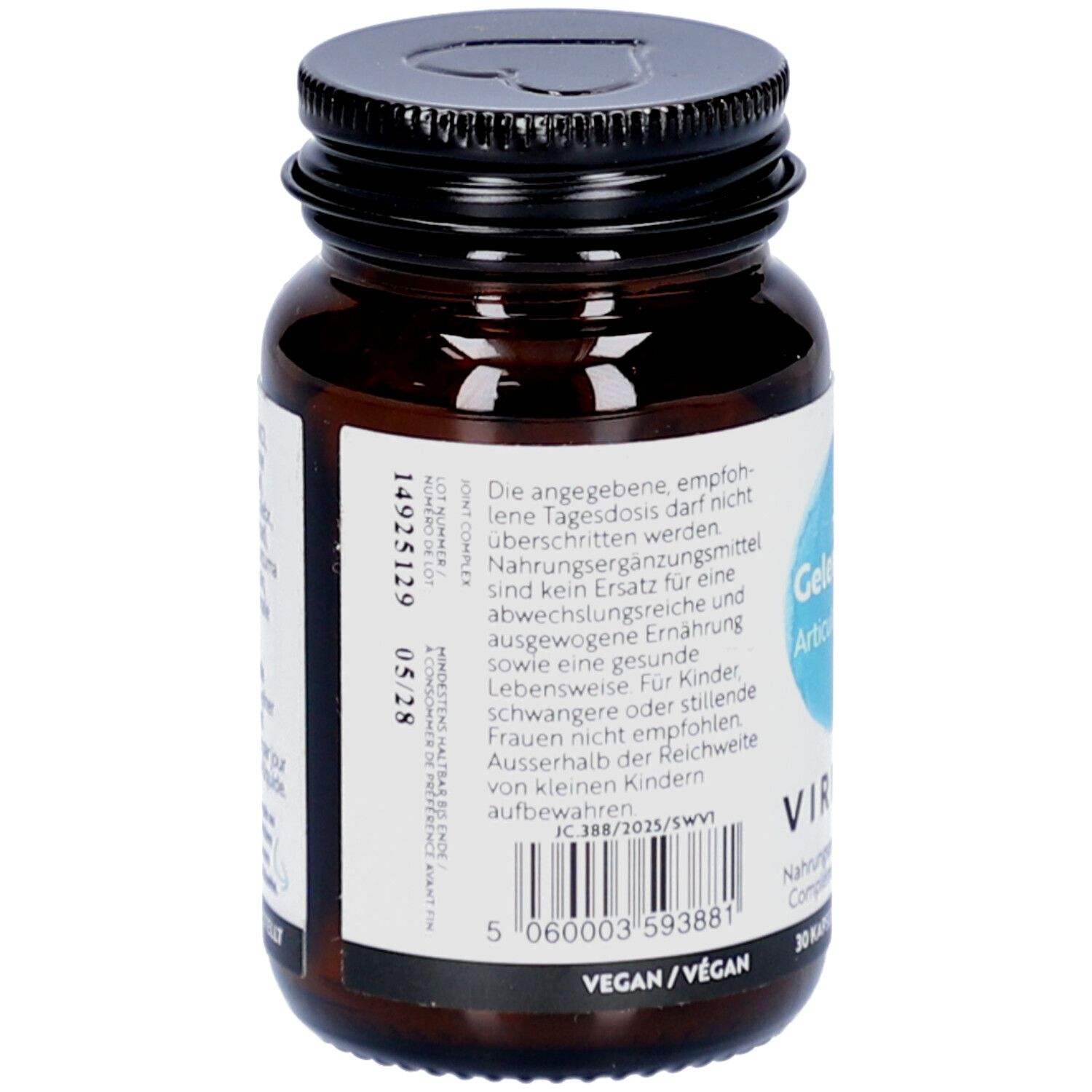 Dos du flacon en verre brun. Étiquette avec texte et code-barres. Logo végan.