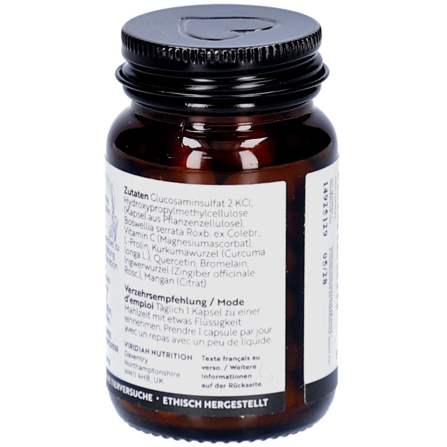 Flacon en verre brun. Étiquette avec liste d'ingrédients et recommandation d'utilisation. Texte en allemand et français.