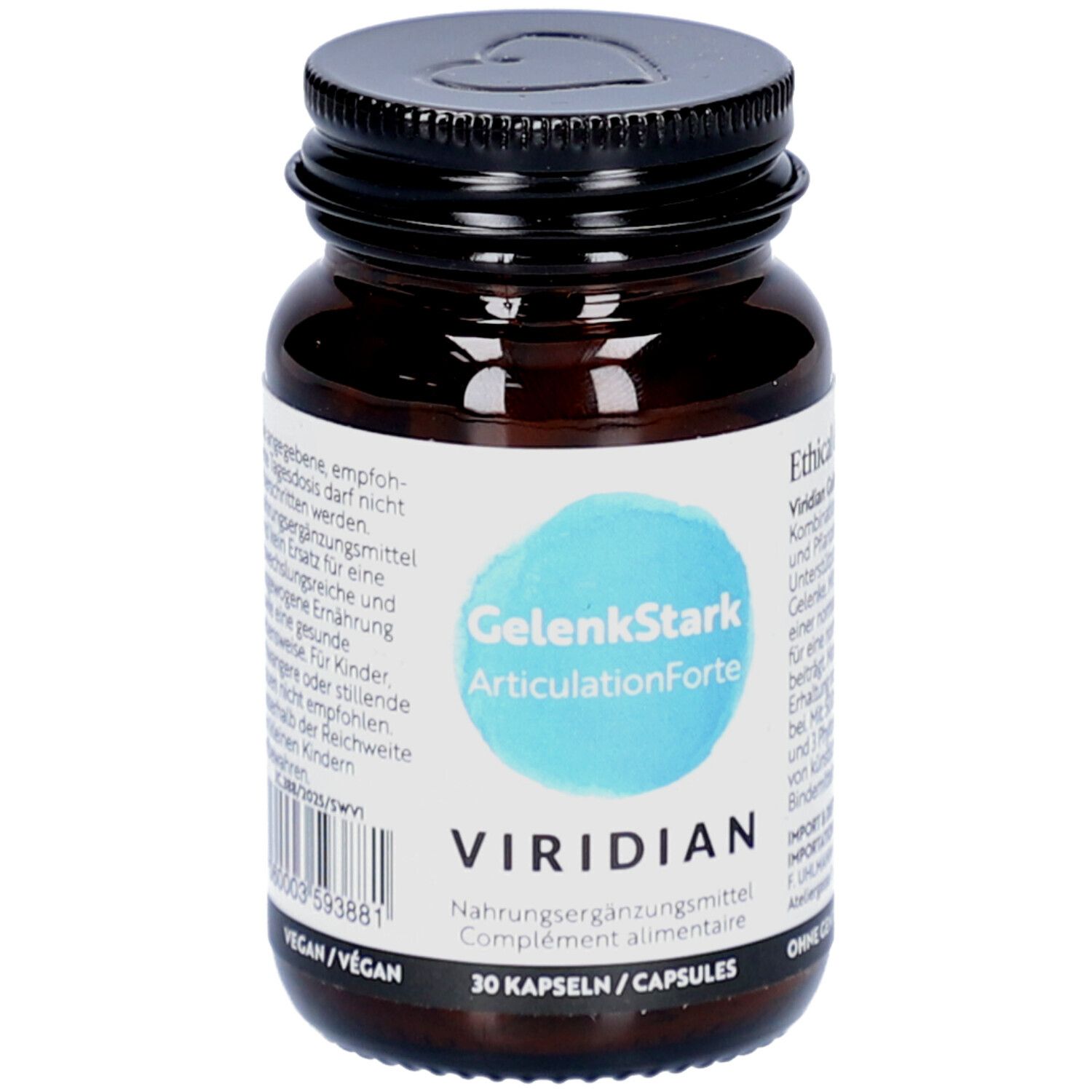 Flacon en verre brun, bouchon noir. Étiquette avec nom du produit et marque VIRIDIAN. 30 gélules.