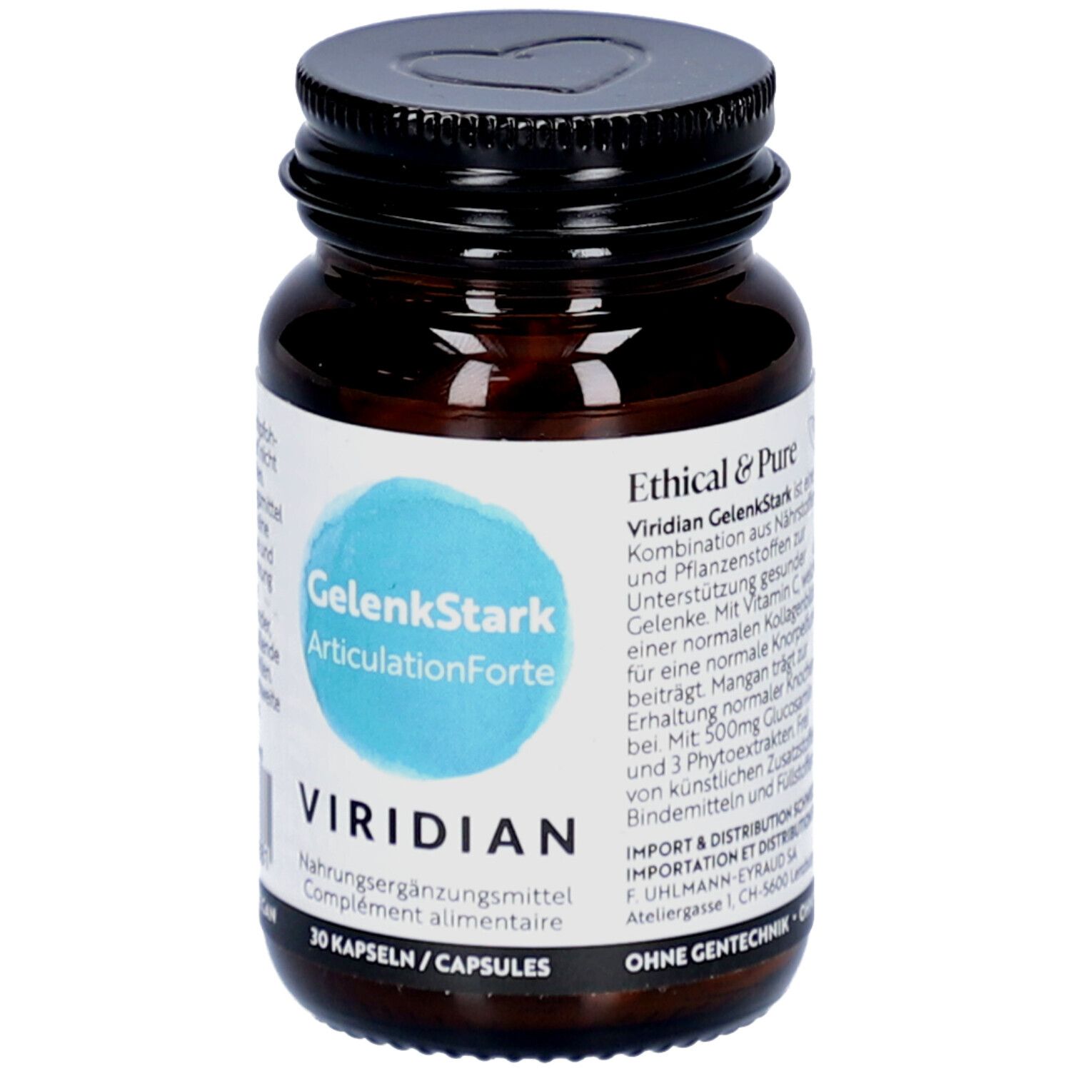 Flacon en verre brun, bouchon noir. Étiquette avec nom du produit et marque VIRIDIAN. 30 gélules.