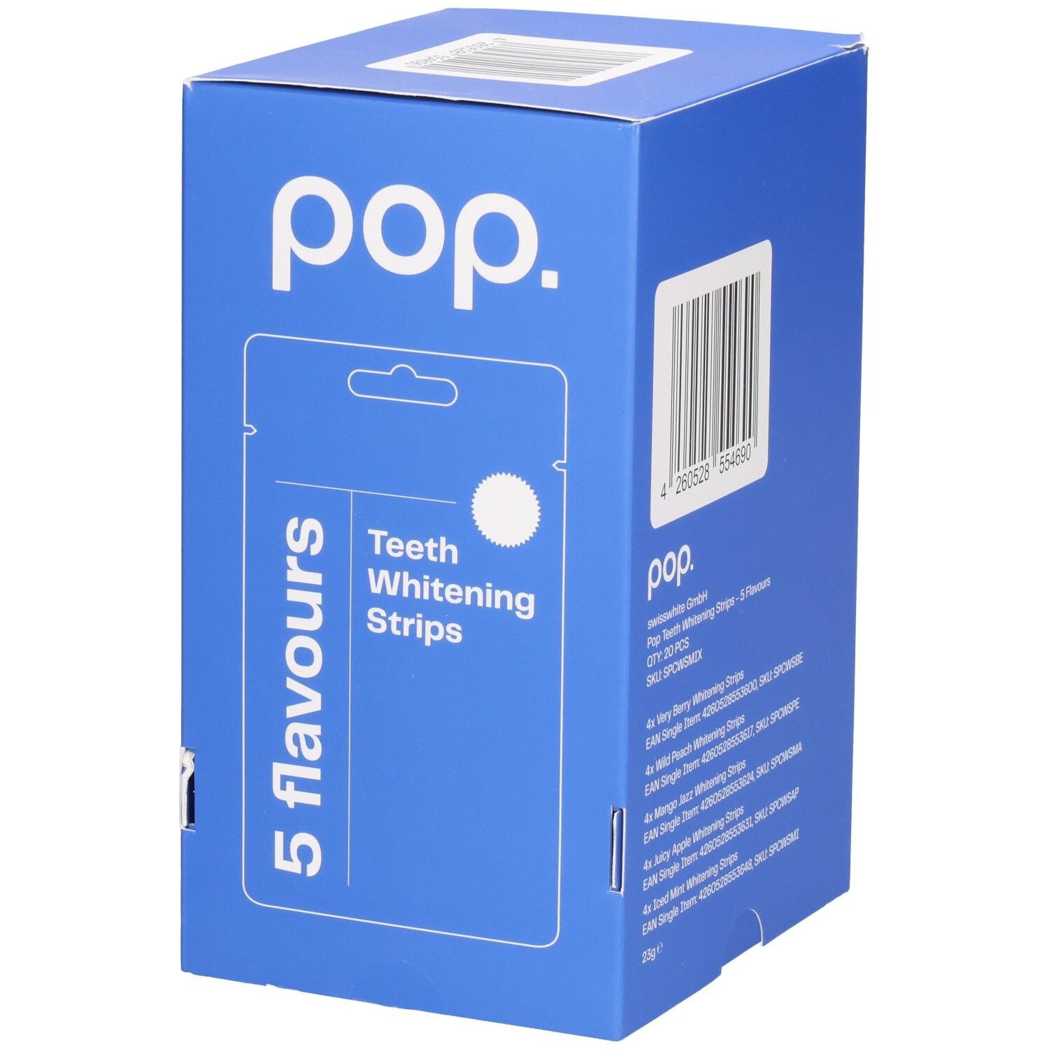 Boîte bleue avec logo pop et 5 saveurs. Contient des bandes blanchissantes. Code-barres et informations produit.