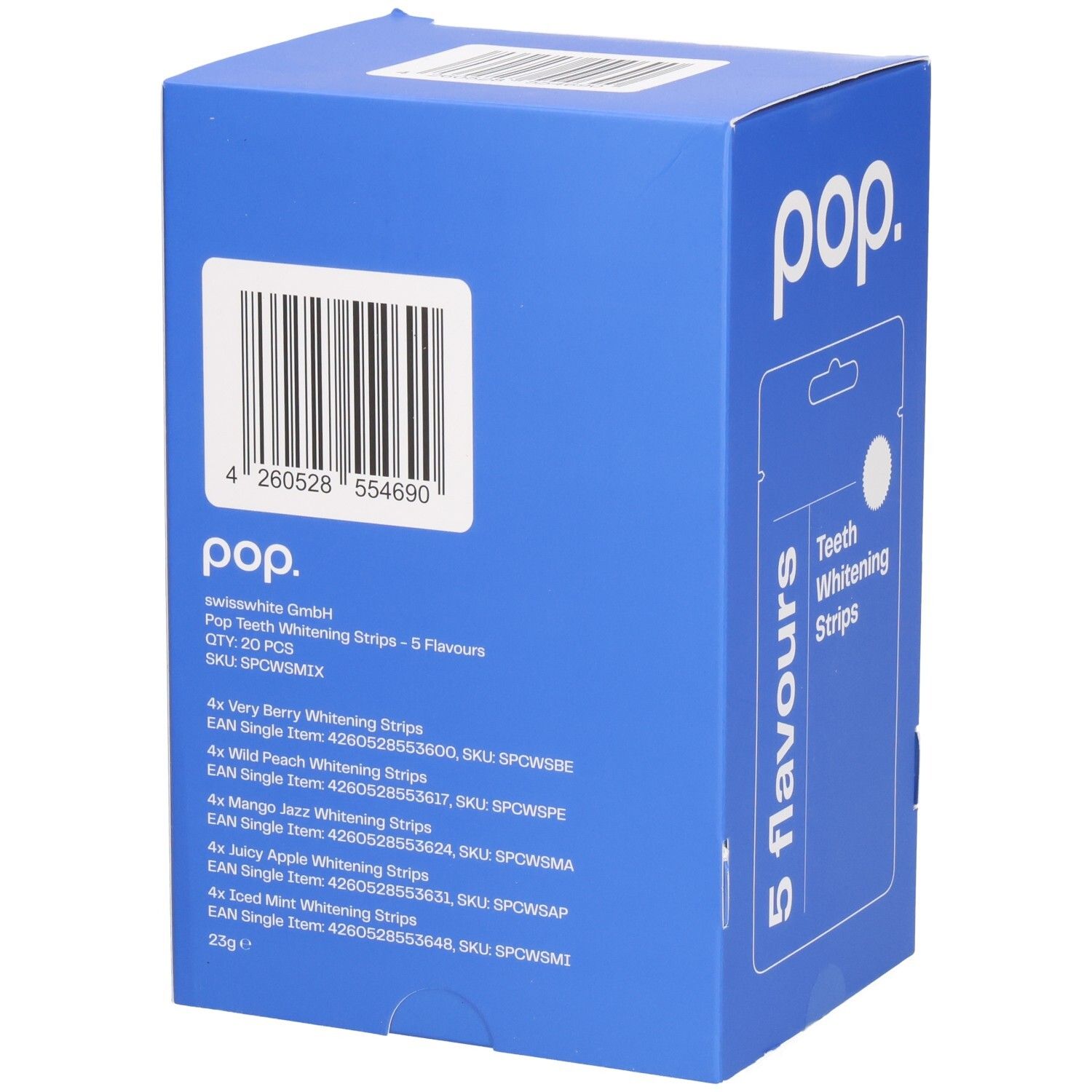 Boîte bleue avec logo pop. Contient des bandes blanchissantes avec 5 saveurs. Code-barres et informations produit.