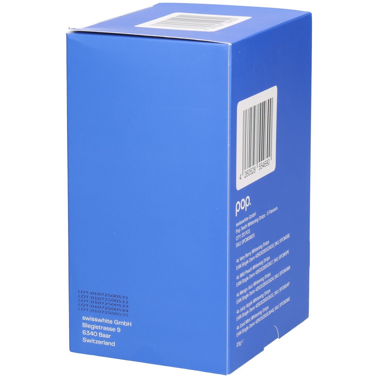 Boîte bleue avec logo pop. Contient des bandes blanchissantes. Code-barres et informations produit. Adresse du fabricant.