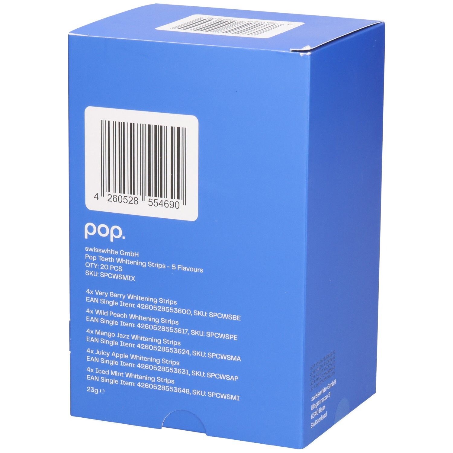 Boîte bleue avec logo pop. Contient des bandes blanchissantes avec 5 saveurs. Code-barres et informations produit.